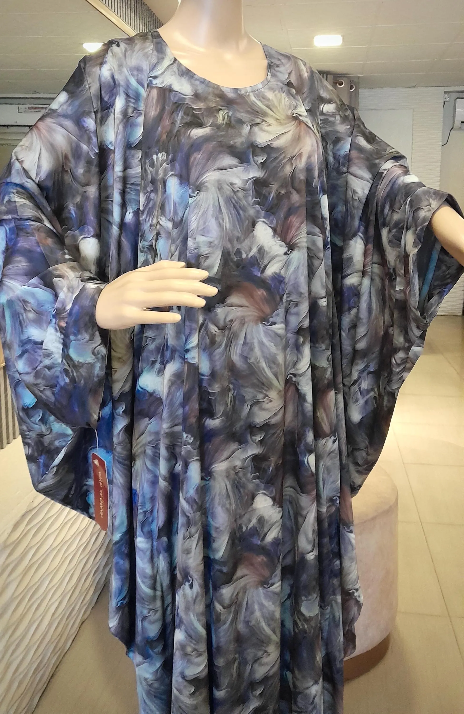 Marble Print Butterfly Abaya with Chiffon Shawl - Soft Silk Modest Dress - image 3