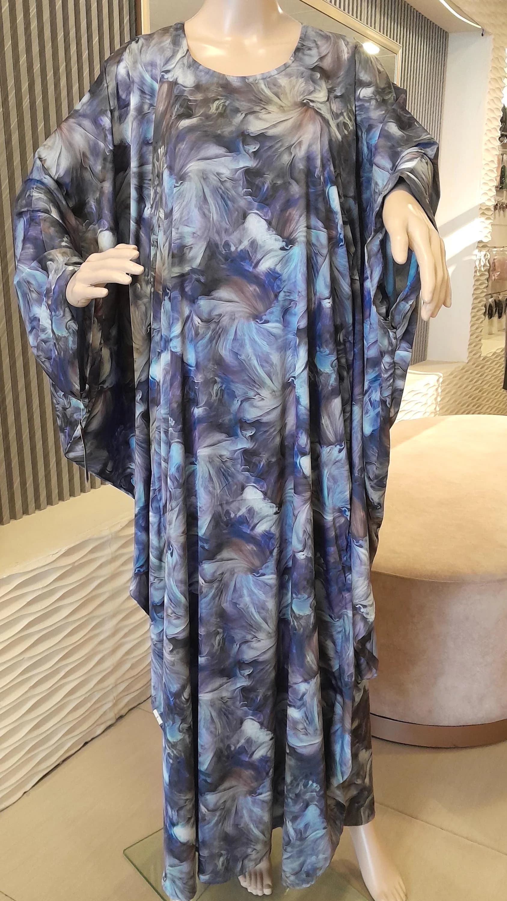 Marble Print Butterfly Abaya with Chiffon Shawl - Soft Silk Modest Dress