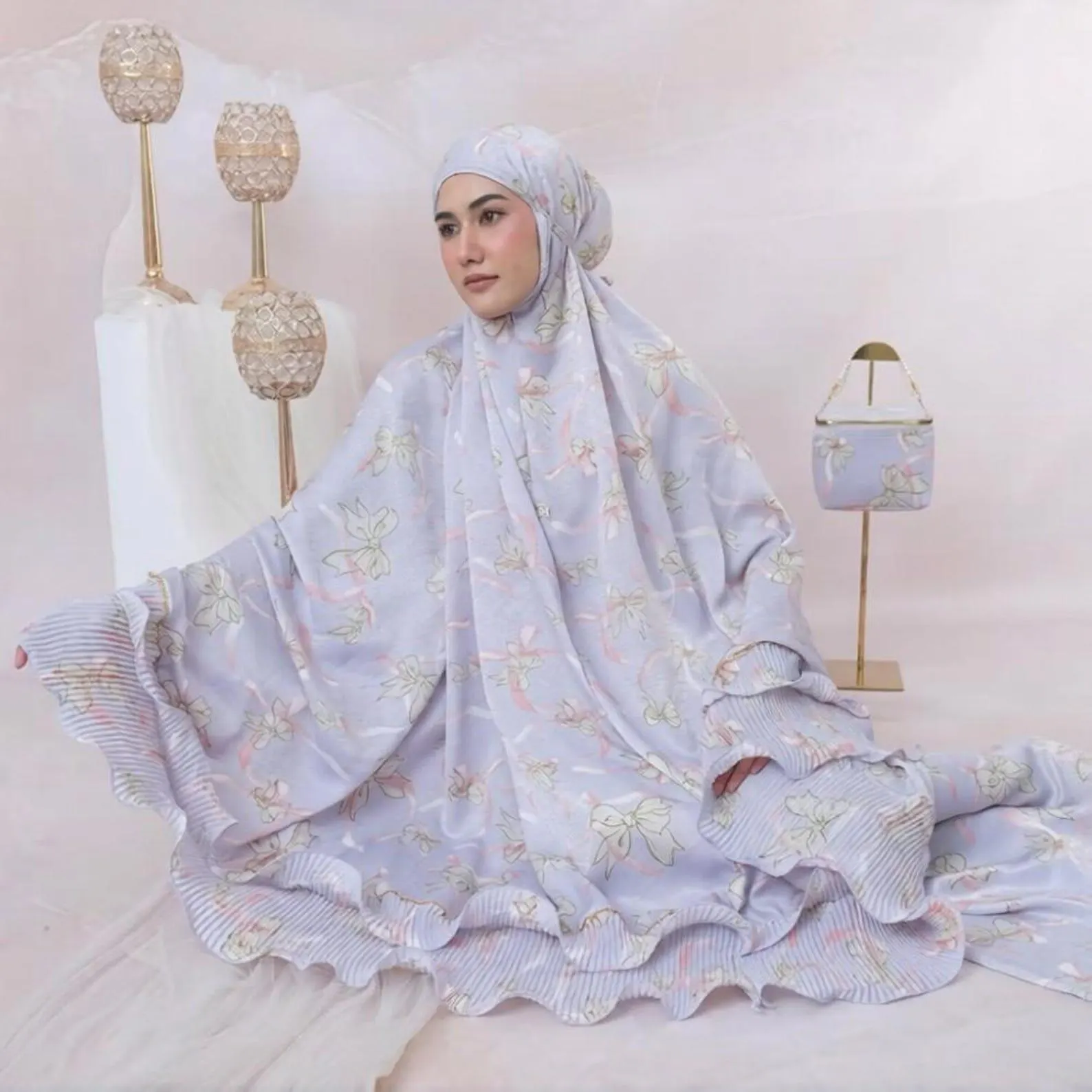 Muslim Prayer Dress Silky Santorini Ribbon Double Layers Ruffle Kelana Series