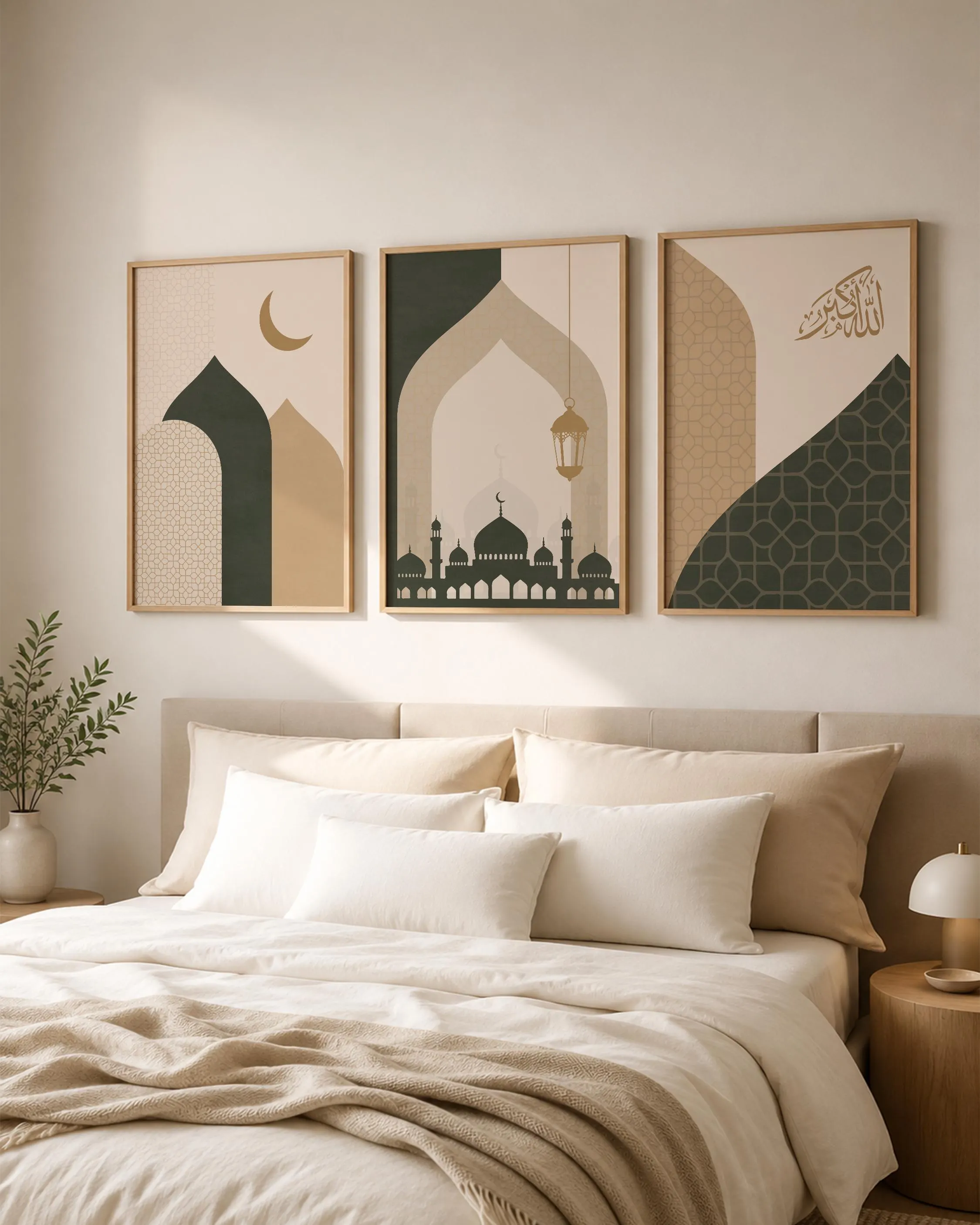 Set of 3 Allahu Akbar & Mosque Architecture Wall Art, Minimalist Boho Islamic Geometric Print Set, Housewarming Gift (Digital Download)