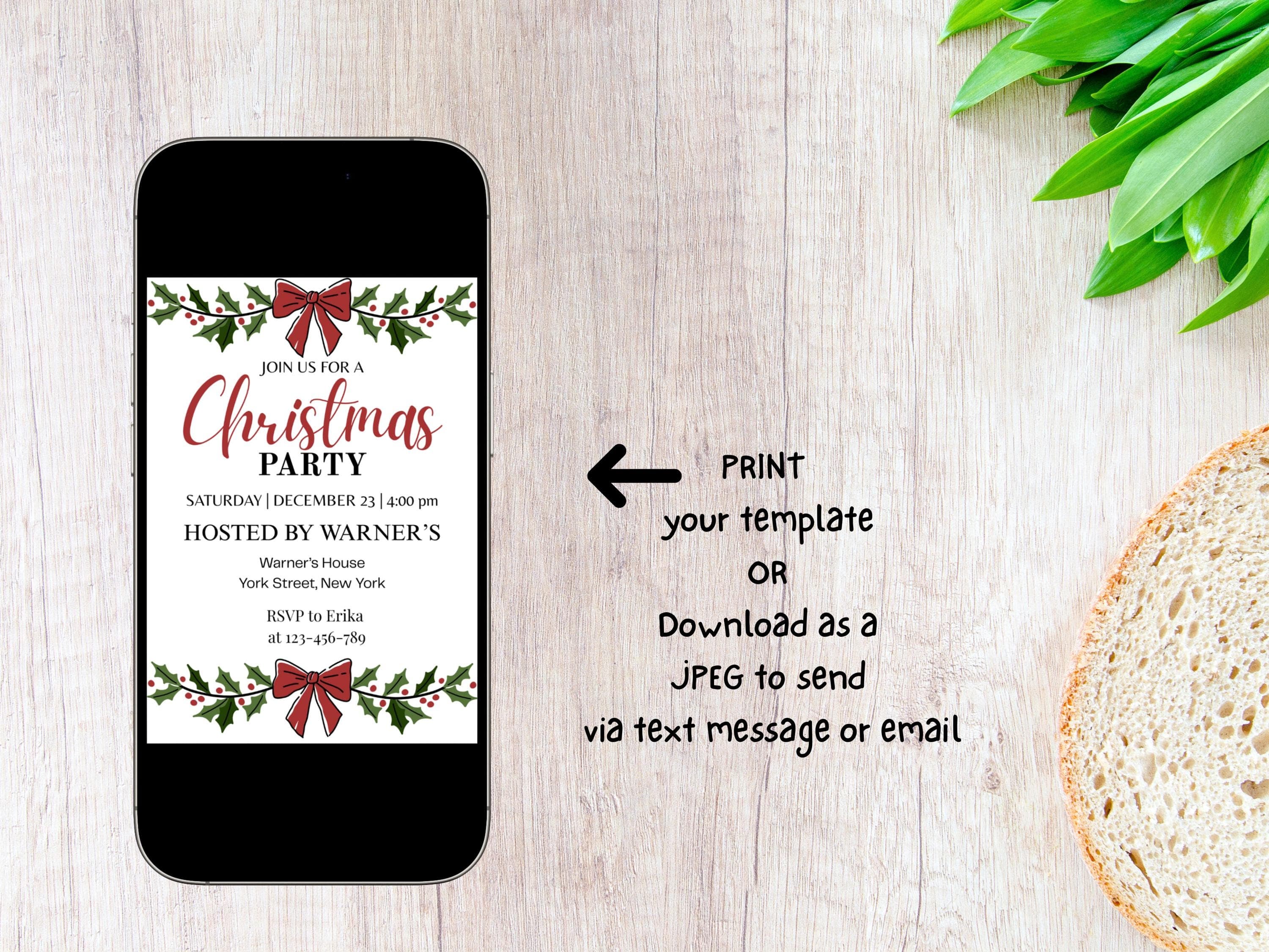 Christmas Party Invitation Template, Elegant Invite Canva, Minimalist Greenery Bow, Editable Printable Digital Download - image 4