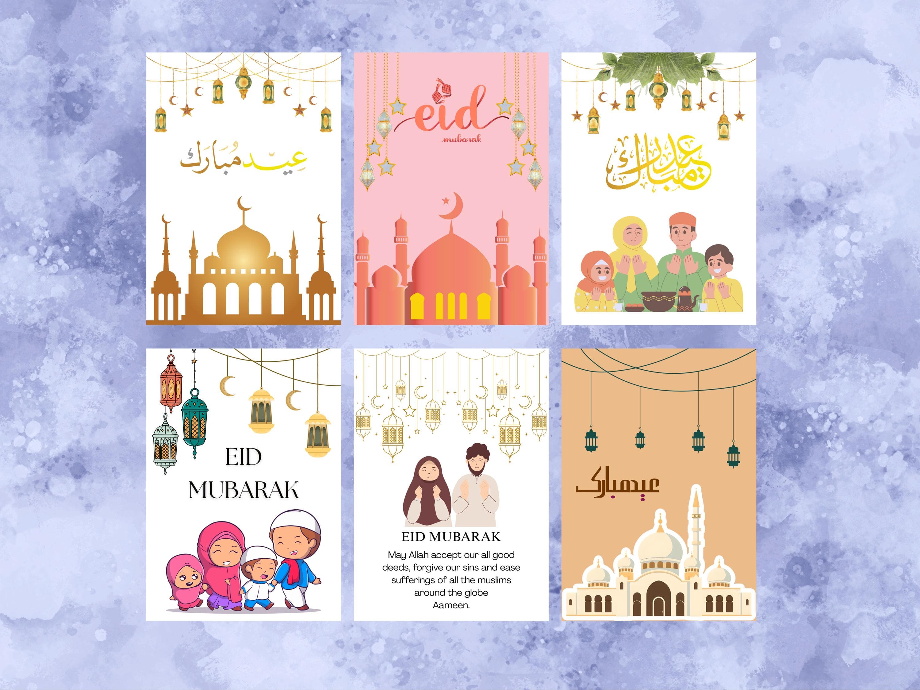 6 Eid Mubarak Cards Bundle For Friends, Family And Relatives, Eid Wish Card, Eid Cards Printable, Instant Digital Download, Greeting Cards