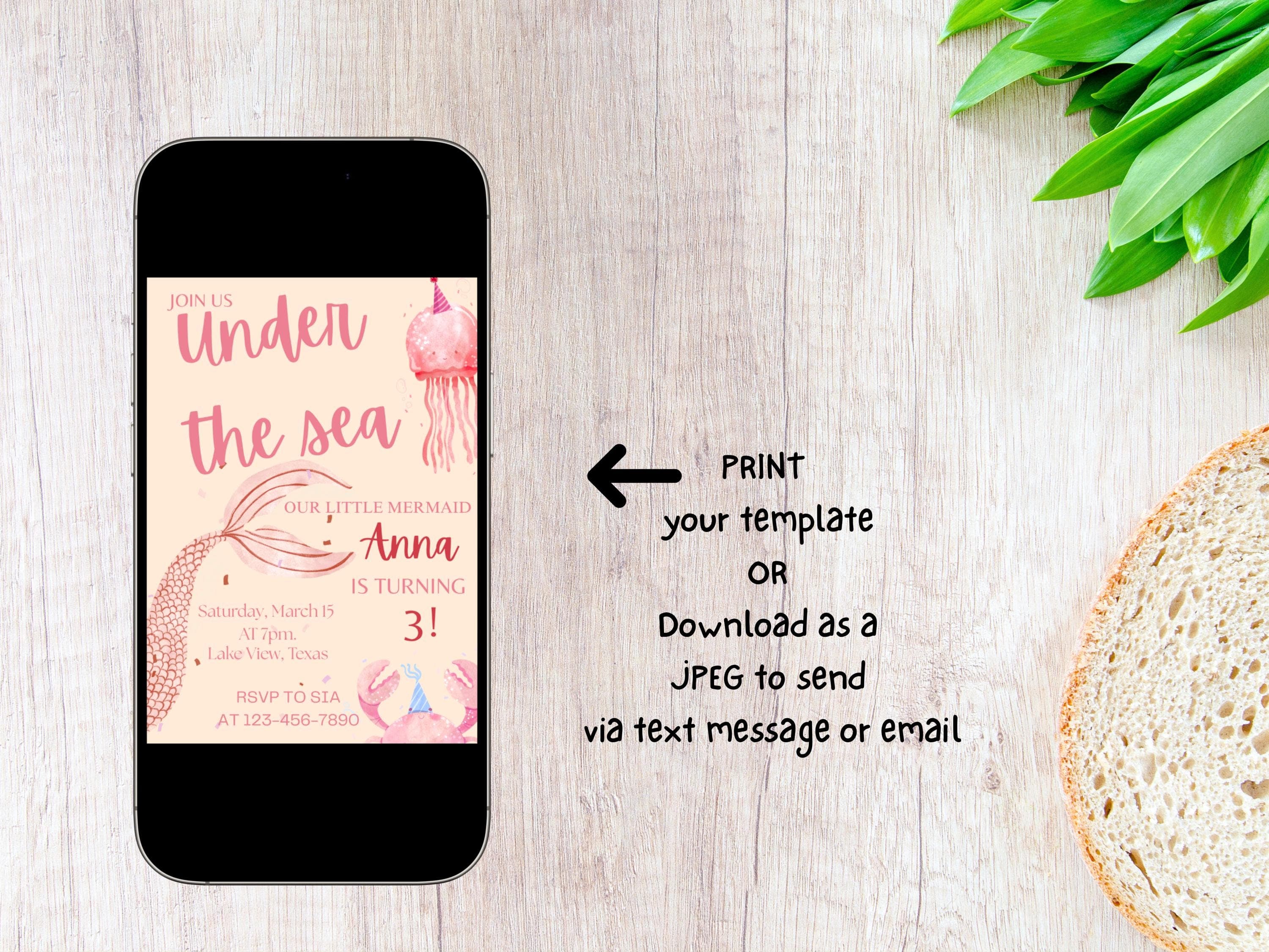 Mermaid Birthday Invitation, Under the Sea Editable Template, Digital Download, Mermaid 3rd Birthday Girl, Mermaid Party Peach Pink Invite - image 5
