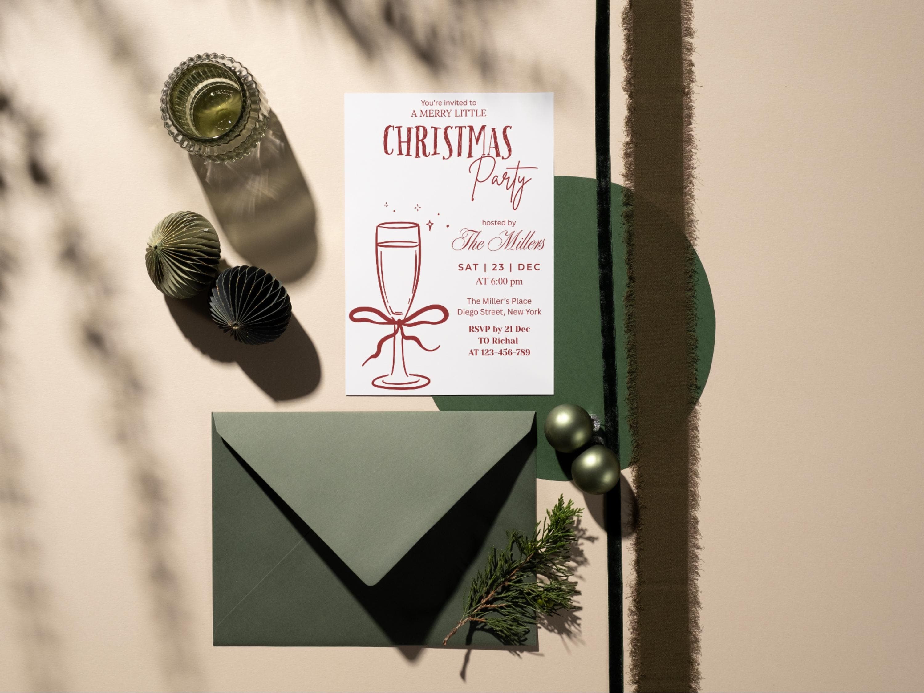 Christmas Party Invitation Template, Printable Invite, Champagne Glass, Digital Download, Instant Access