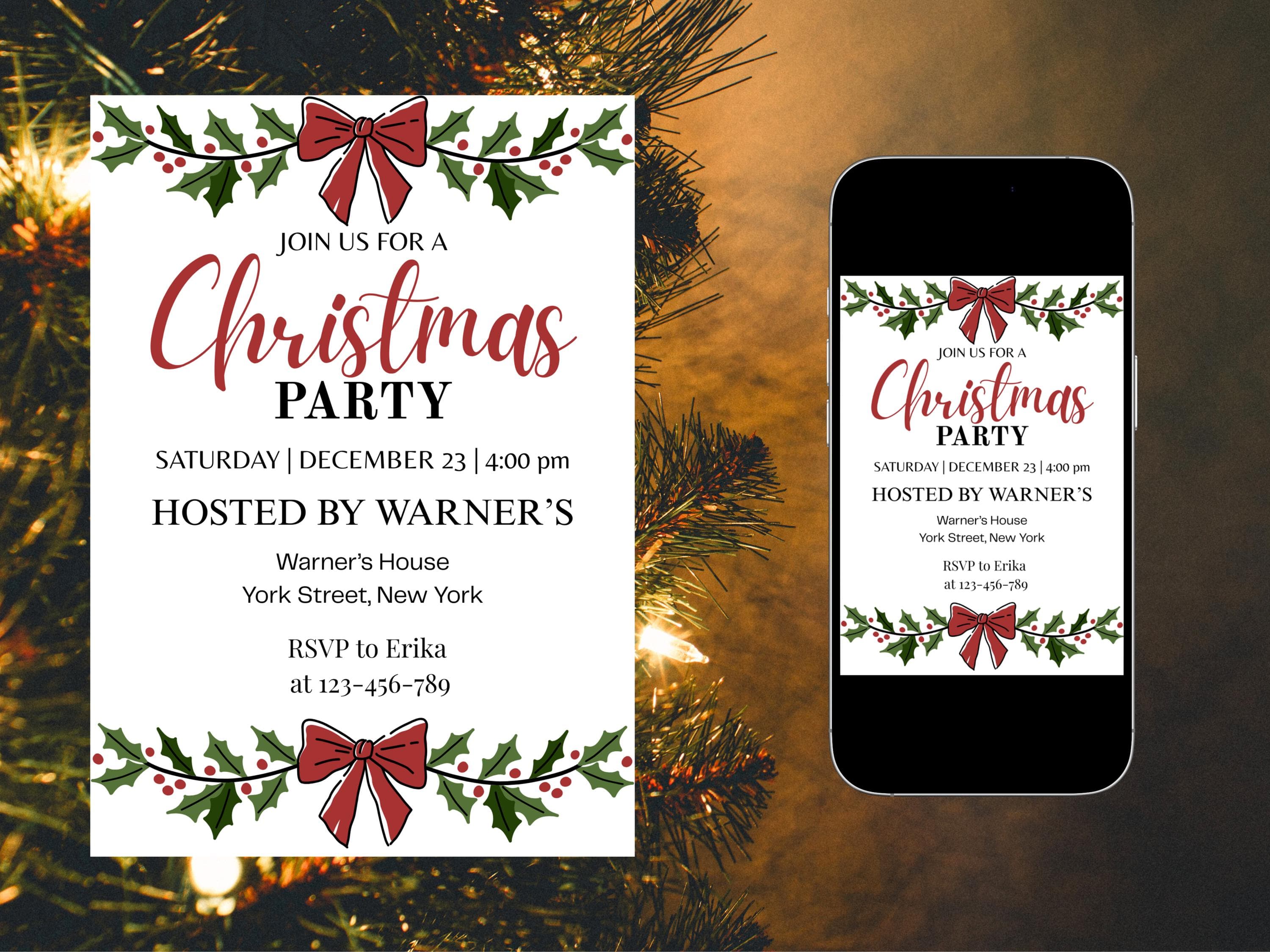 Christmas Party Invitation Template, Elegant Invite Canva, Minimalist Greenery Bow, Editable Printable Digital Download - image 3