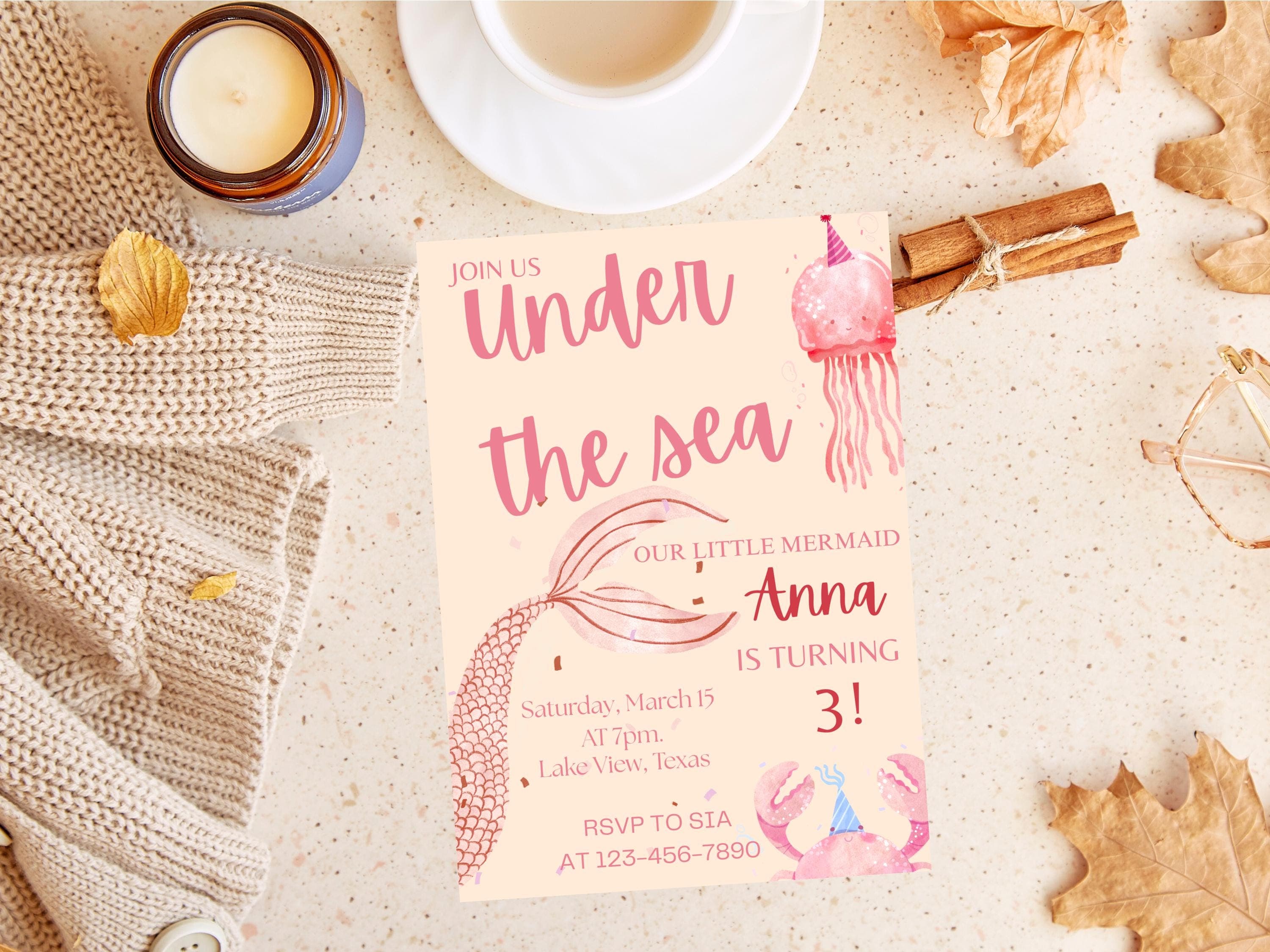 Mermaid Birthday Invitation, Under the Sea Editable Template, Digital Download, Mermaid 3rd Birthday Girl, Mermaid Party Peach Pink Invite