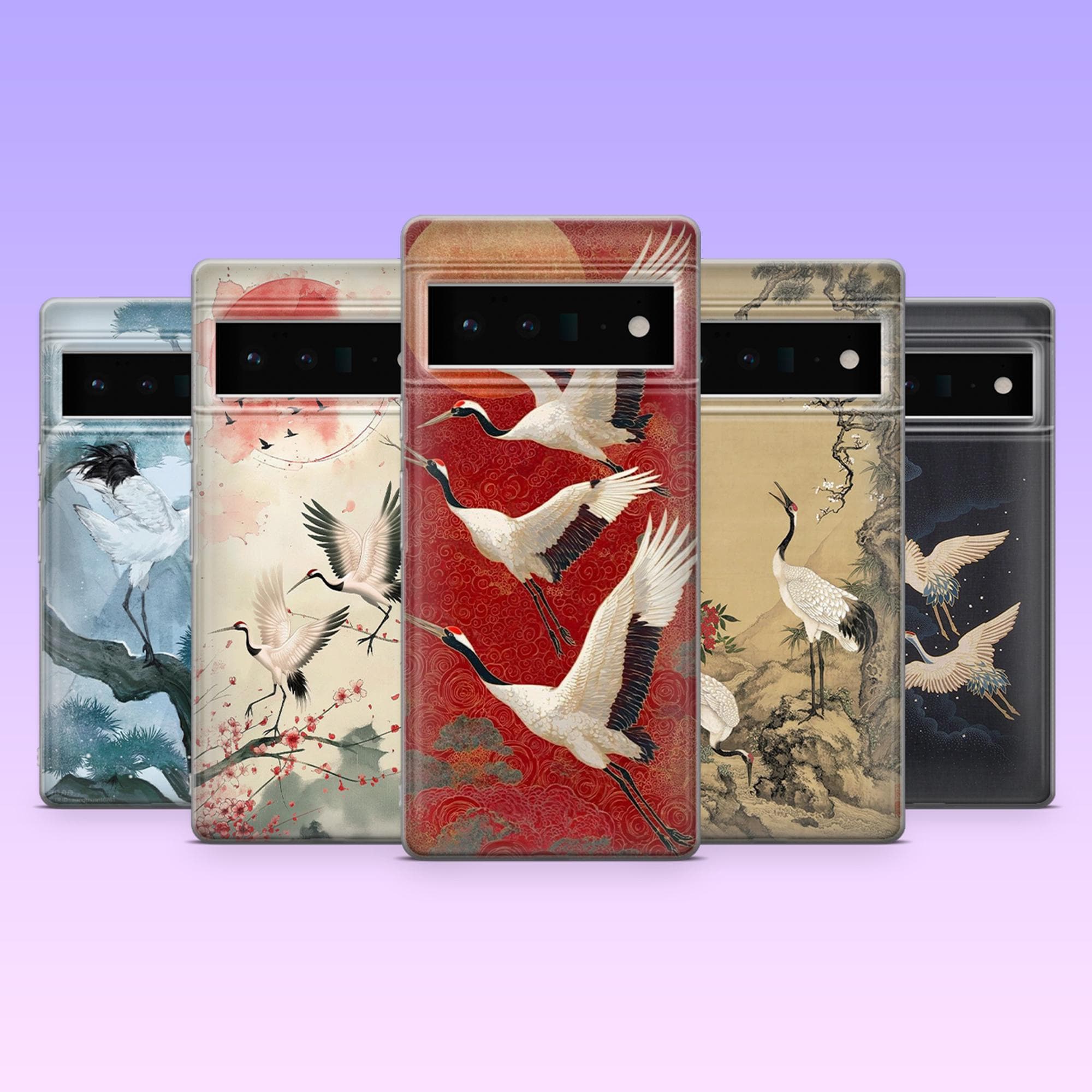 Japanese Crane Phone Case Red Crowned Crane Cover for Google Pixel 10, 10Pro, 9, 9Pro, 8A, 7A, Samsung S26, S25, S24Fe, A16, iPhone 17, 16