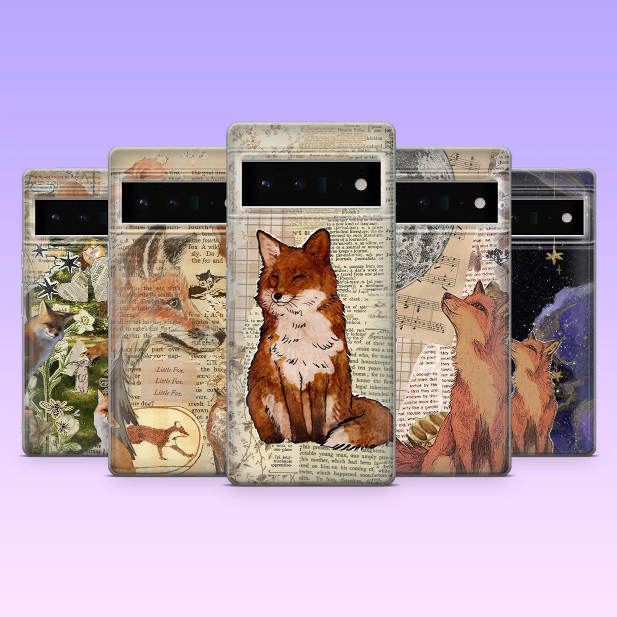Fox Phone Case Vintage Collage Cottagecore Cover for Google Pixel 10, 10Pro, 9, 9Pro, 8A, 8, 7A, Samsung S25, S24Fe, S23, A16, iPhone 16, 15
