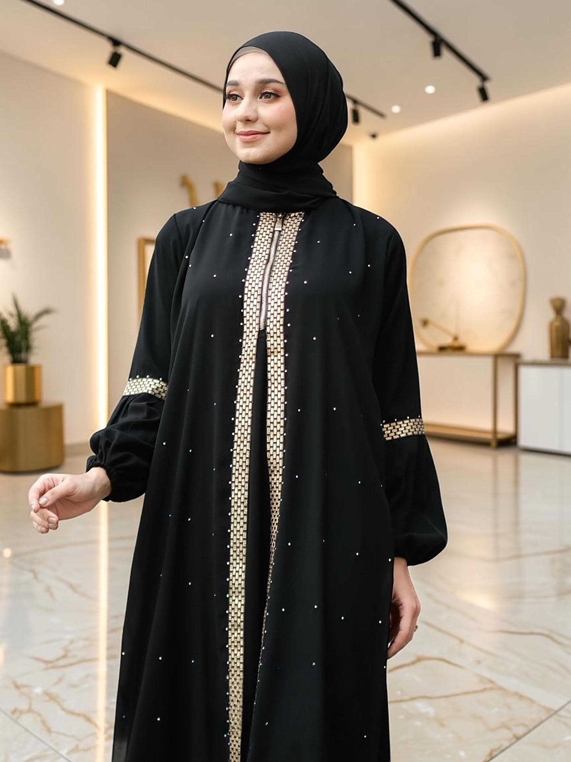 Black Abaya Dress – Saudi Style, Front Zipper, Islamic Kaftan Wear