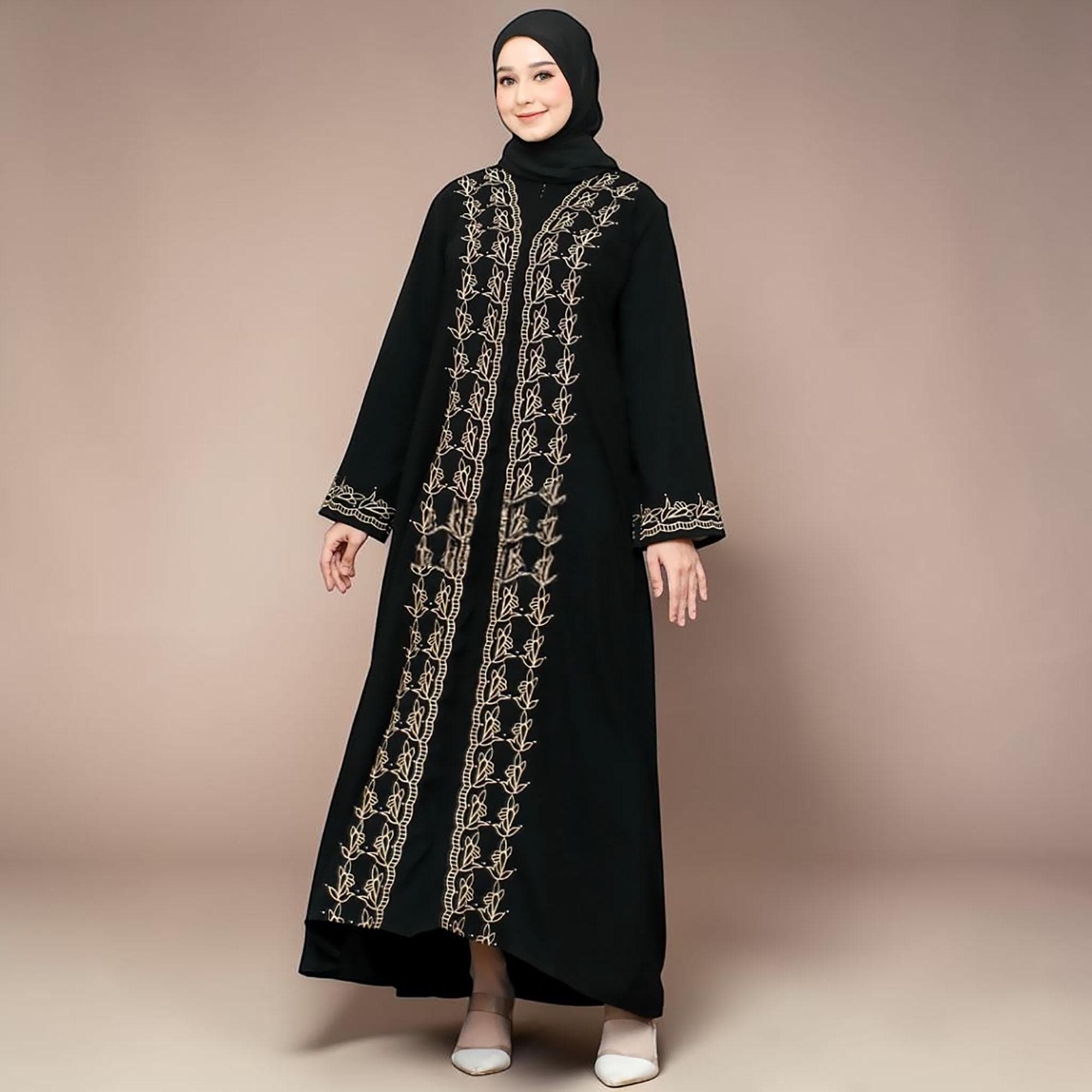 Embroidered Jetblack Abaya, Turkey Style Dubai Kaftan, Modest Islamic Dress - image 4