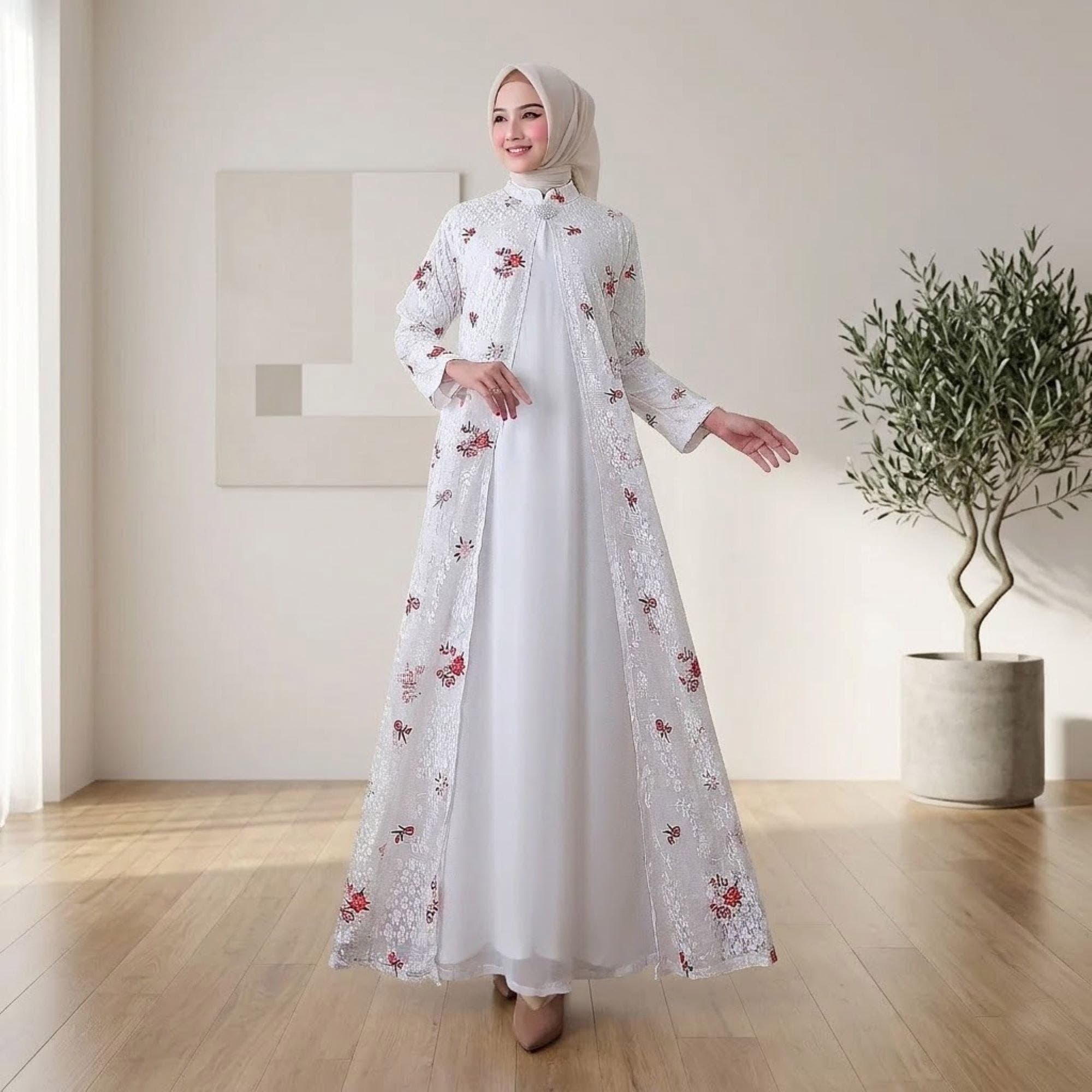 White Lace Kaftan Dress – Floral Embroidery, Modest Abaya, Eid Prayer Garment