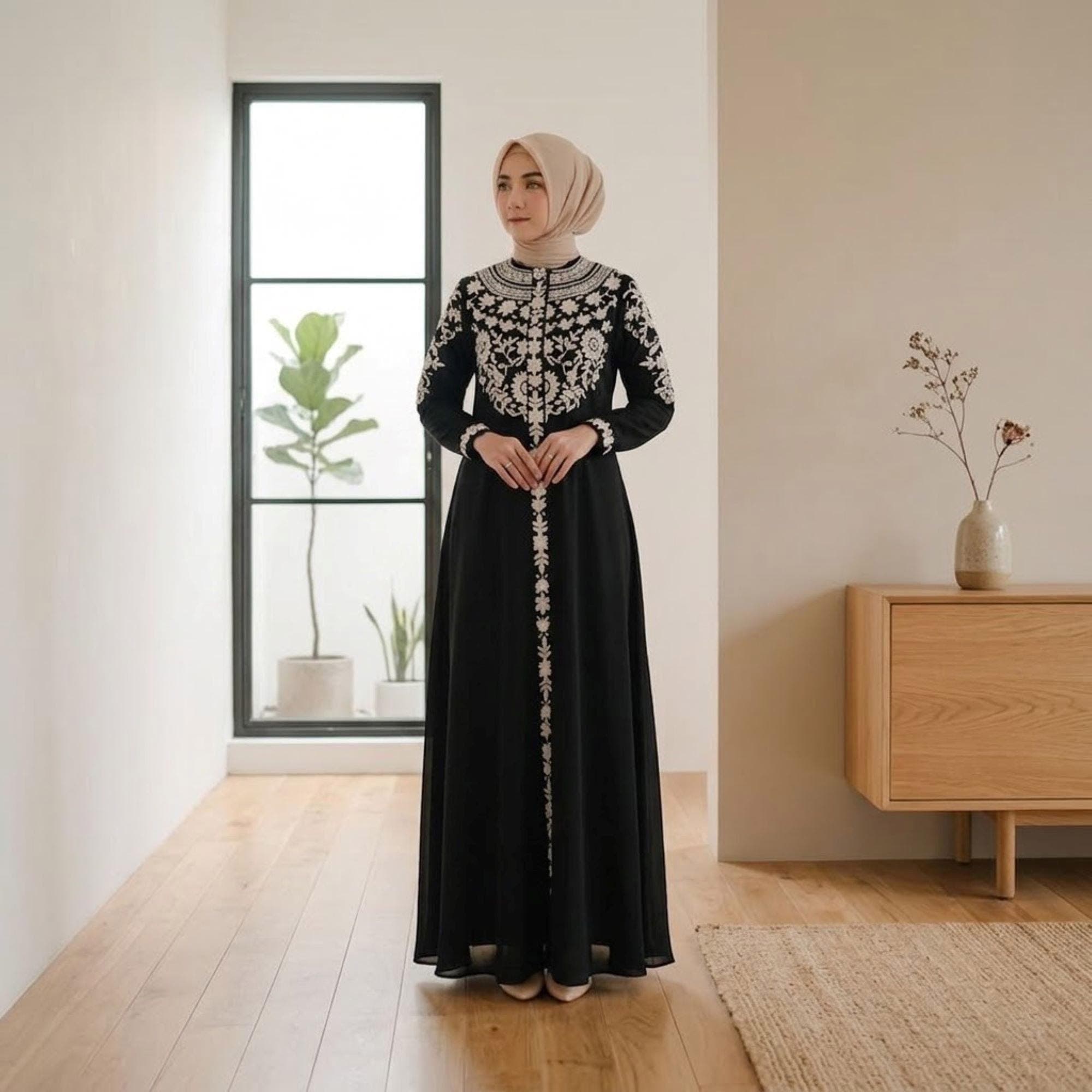 Embroidered Abaya Dress – Toyobo Cotton, Swarovski Crystals, Modest Maxi for Eid - image 3