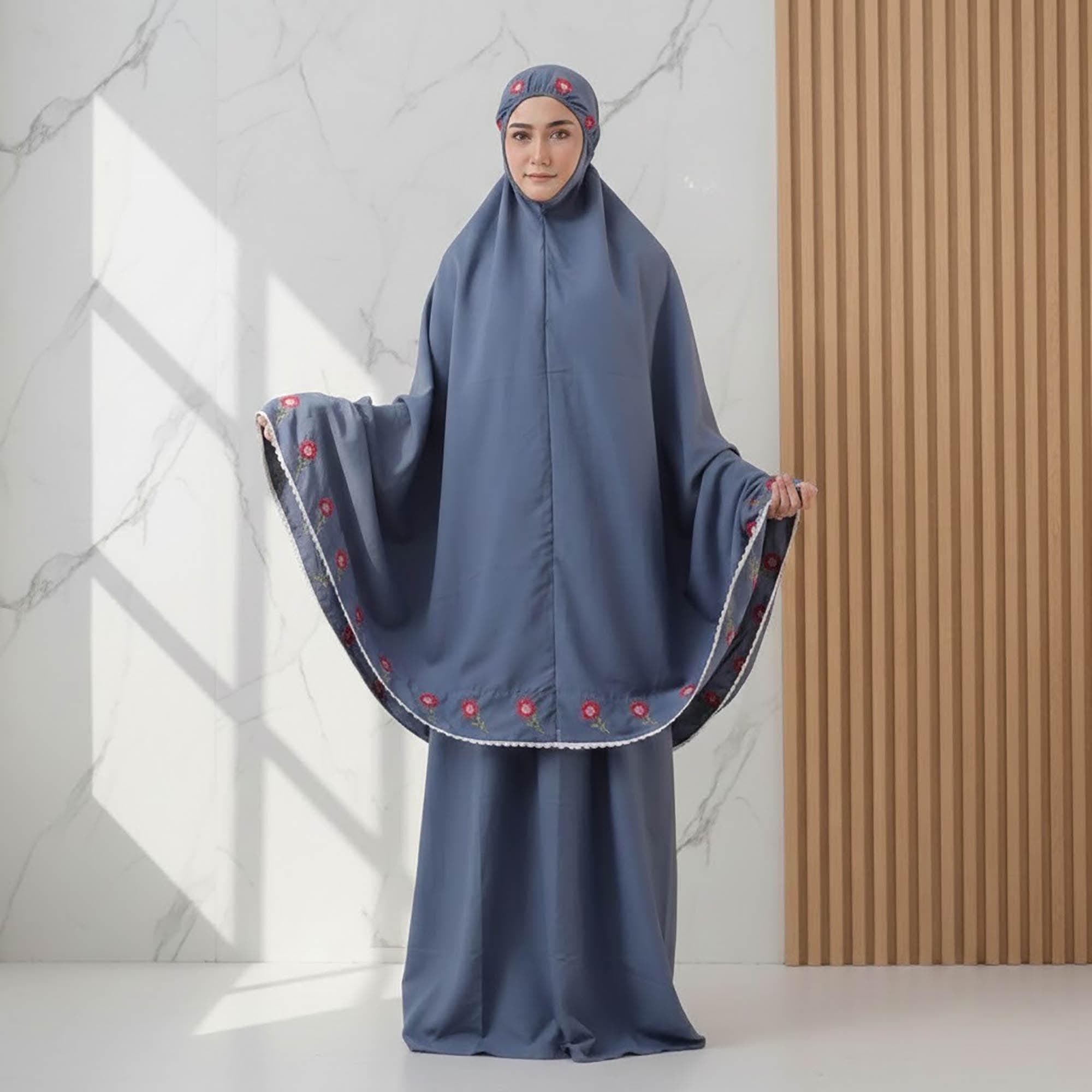 Rose Embroidered Cotton Mukena Set | Muslim Prayer Abaya with Tote Bag - image 5