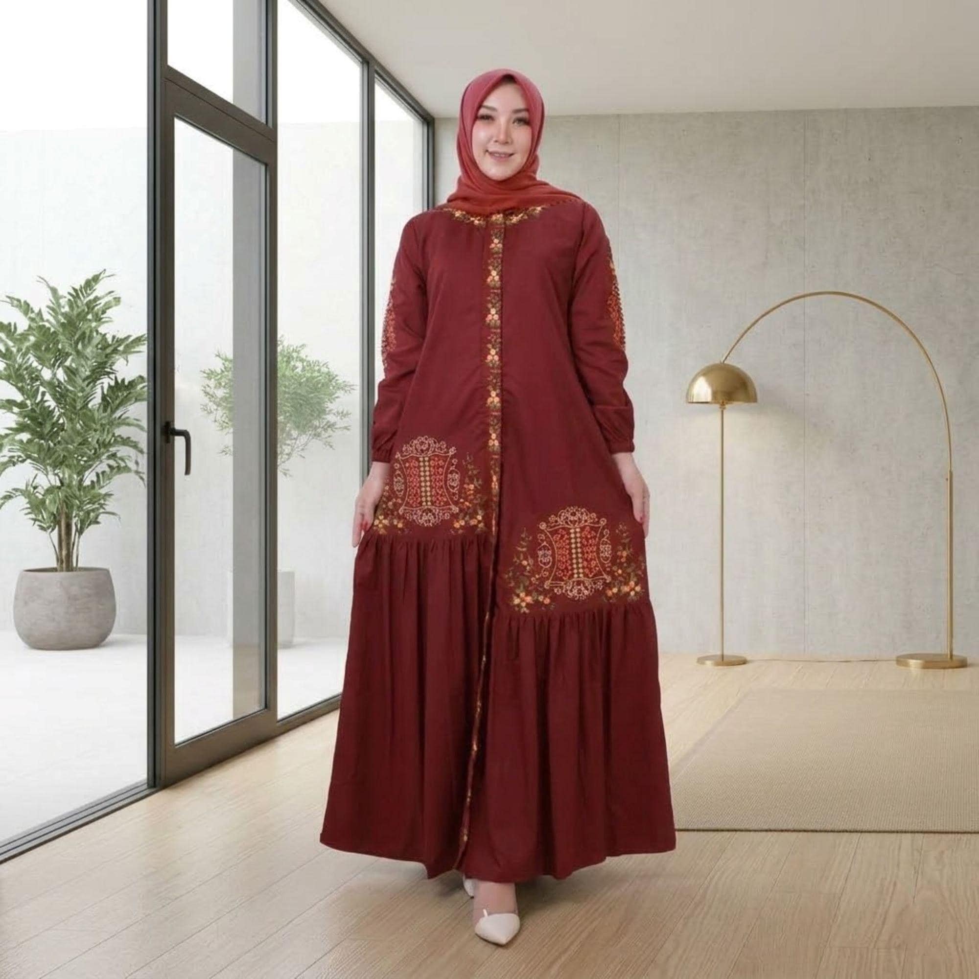 Embroidered Abaya – Aceh Gate Motif, Toyobo Cotton Kaftan, Modest Islamic Dress