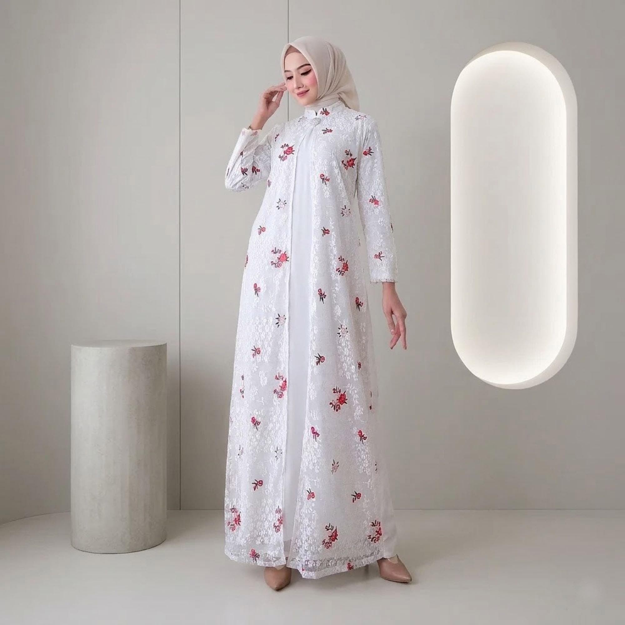 White Lace Kaftan Dress – Floral Embroidery, Modest Abaya, Eid Prayer Garment - image 3