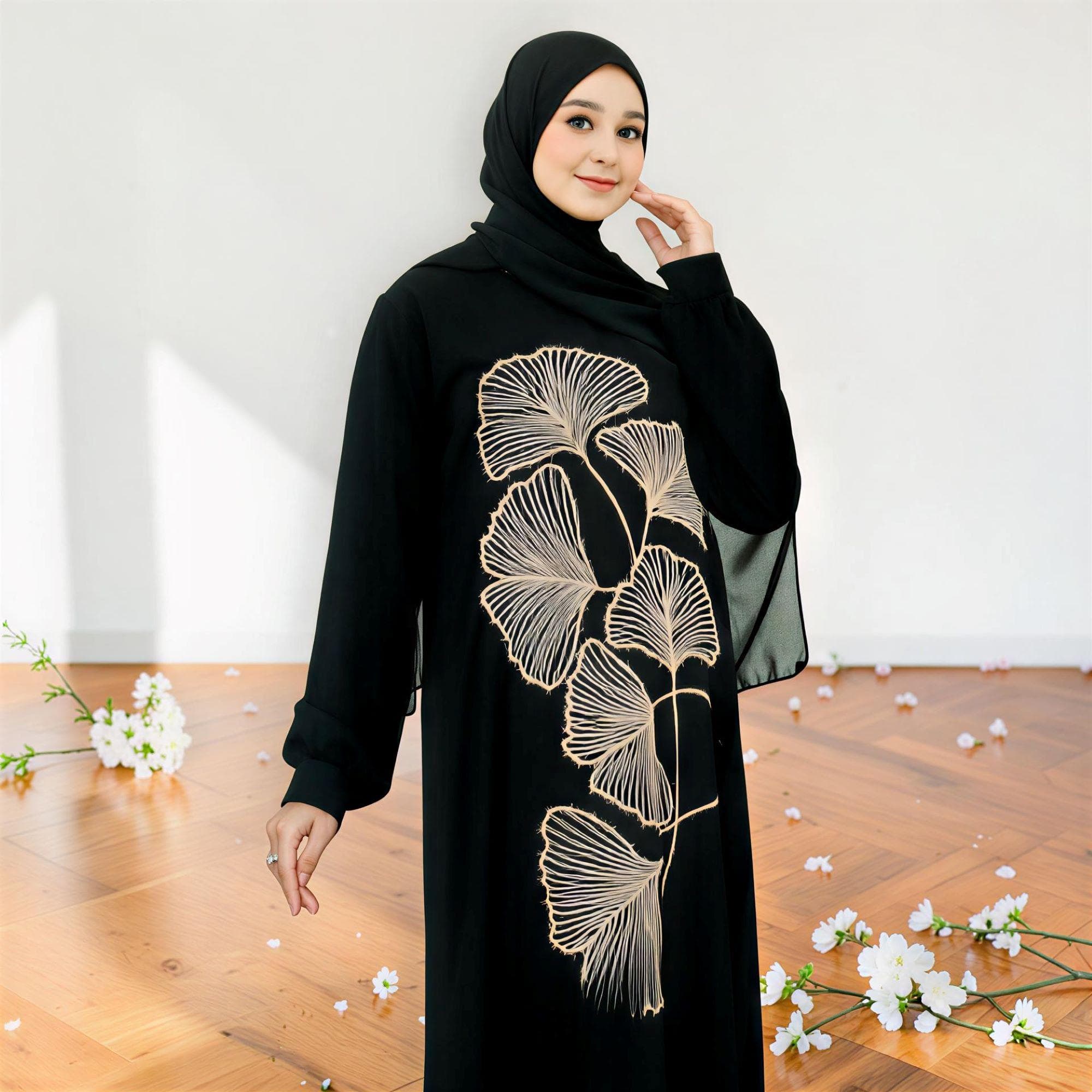 Embroidered Saudi Jetblack Abaya, Elegant A-line Kaftan, Modest Islamic Maxi Dress