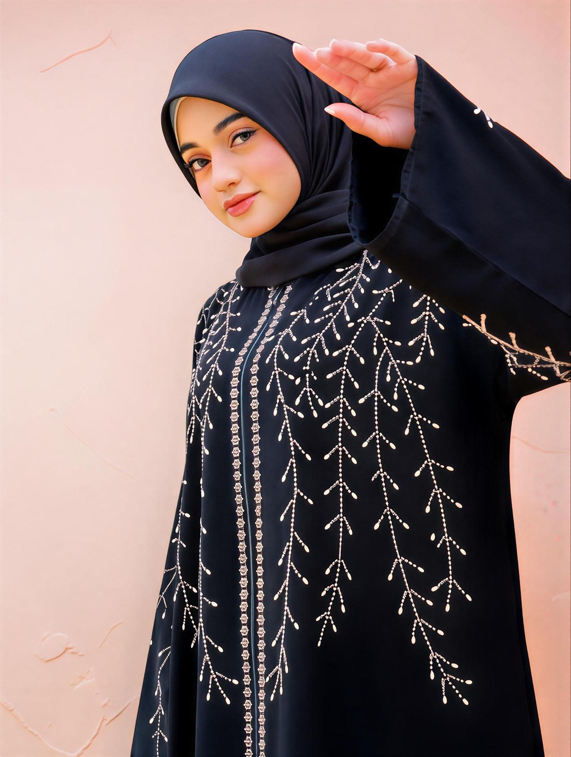 Jetblack Abaya with Beads – Hand-Stitched Turkish Dubai Kaftan Evening Gown - image 3
