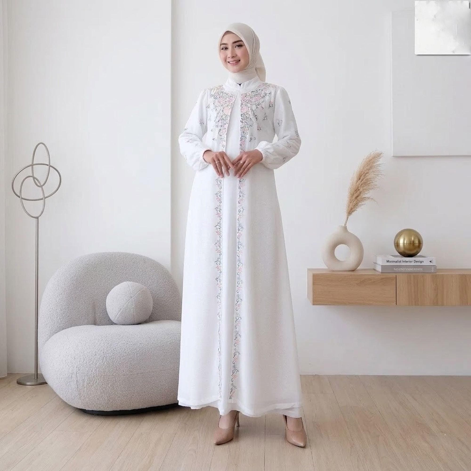 Embroidered Abaya Dress -  Elegant White Muslimah Gown,  Luxury Flower Embroidery Kaftan - image 3