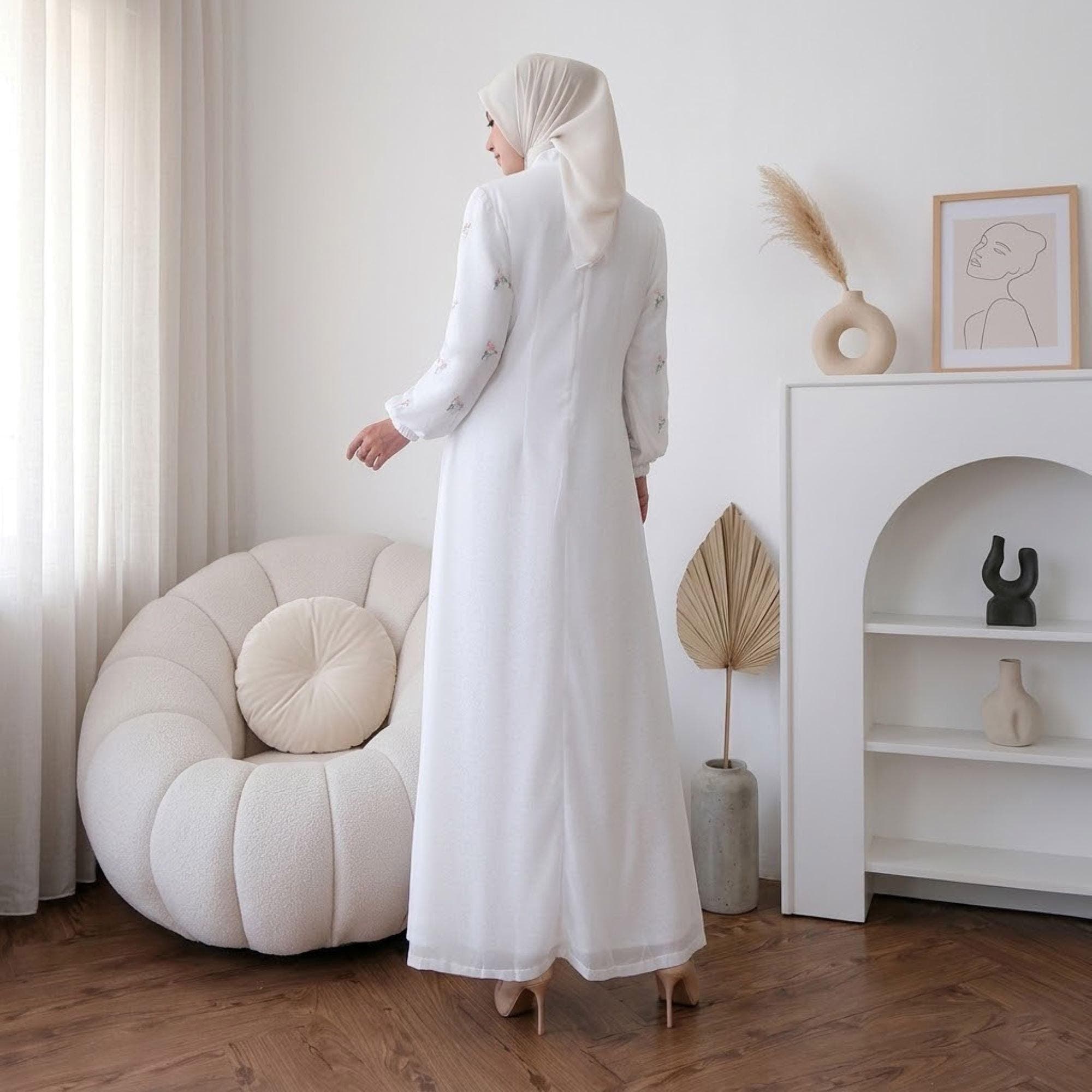 Embroidered Abaya Dress -  Elegant White Muslimah Gown,  Luxury Flower Embroidery Kaftan - image 4