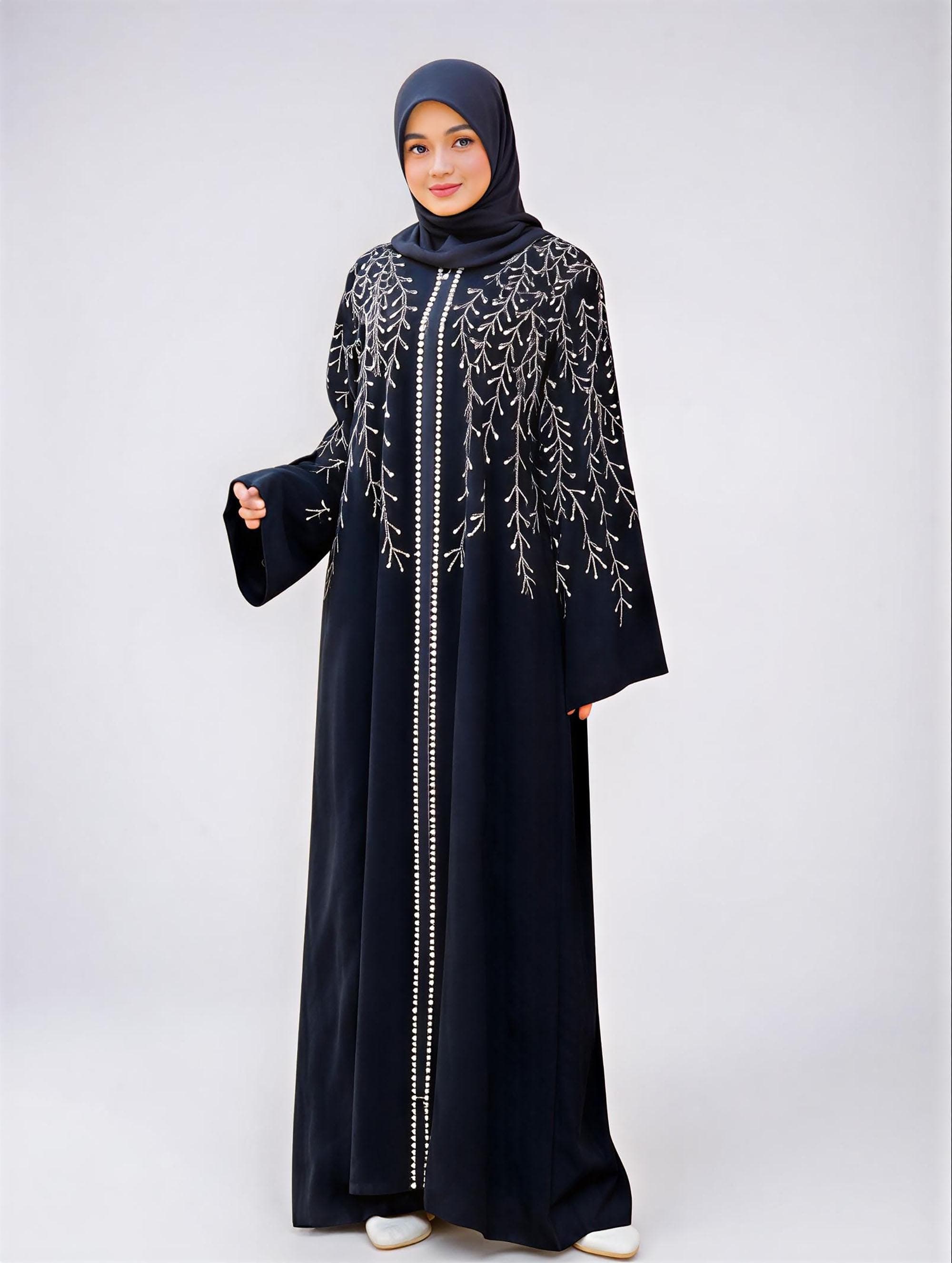 Jetblack Abaya with Beads – Hand-Stitched Turkish Dubai Kaftan Evening Gown - image 5