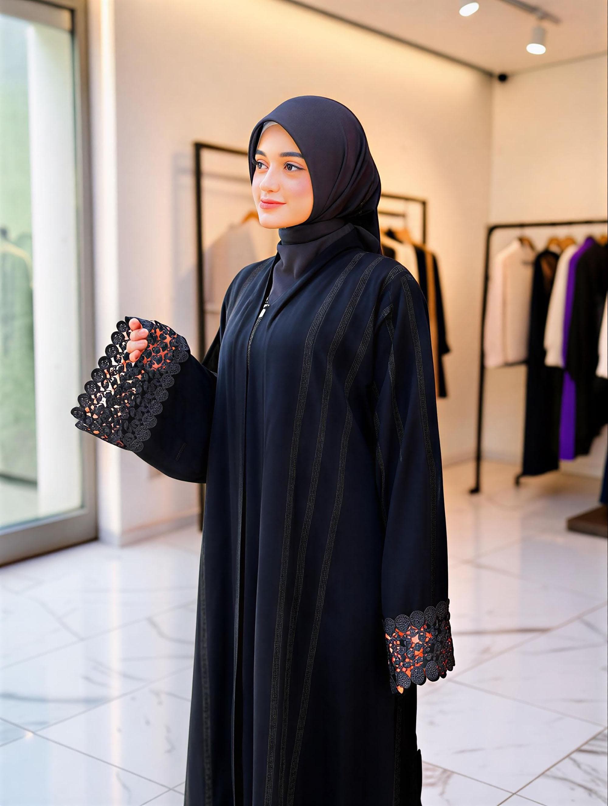 Elegant Jetblack Abaya Dress – Lace Sleeves, Rhinestone Embellishment, Dubai Style Kaftan