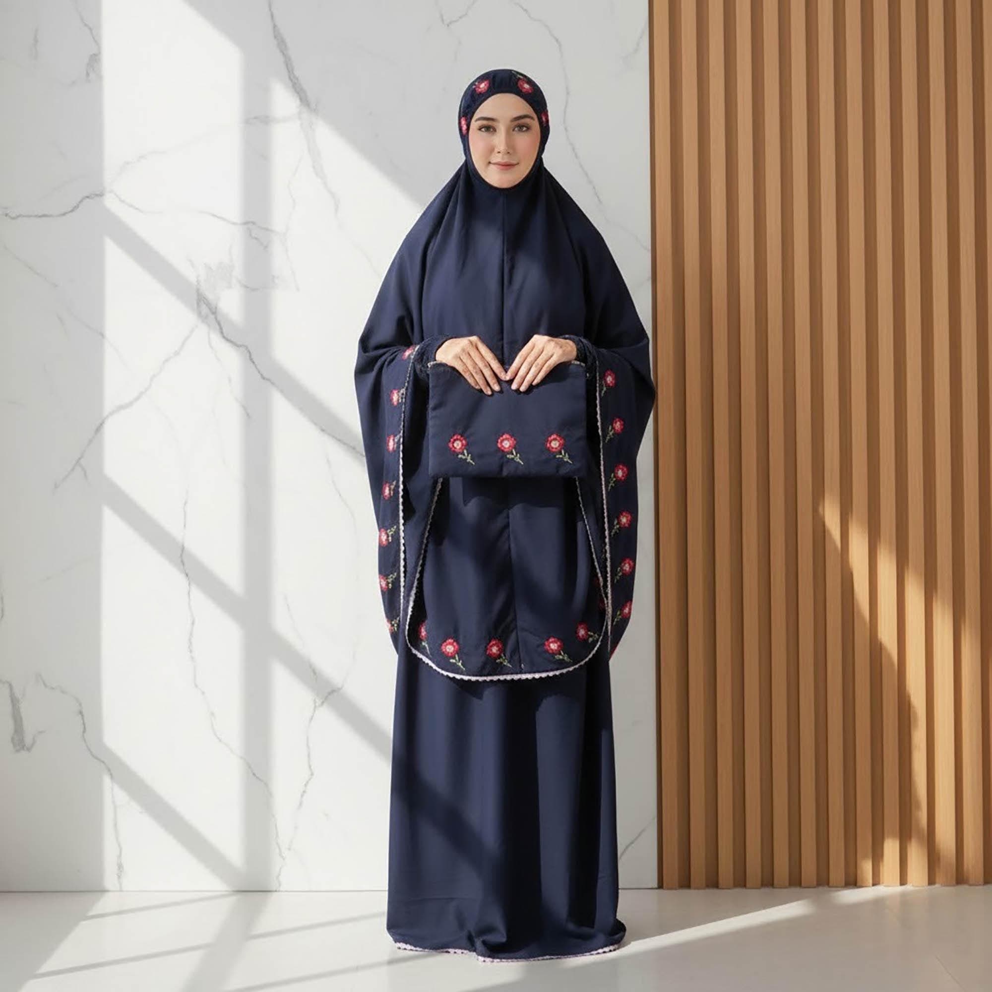 Rose Embroidered Cotton Mukena Set | Muslim Prayer Abaya with Tote Bag - image 3