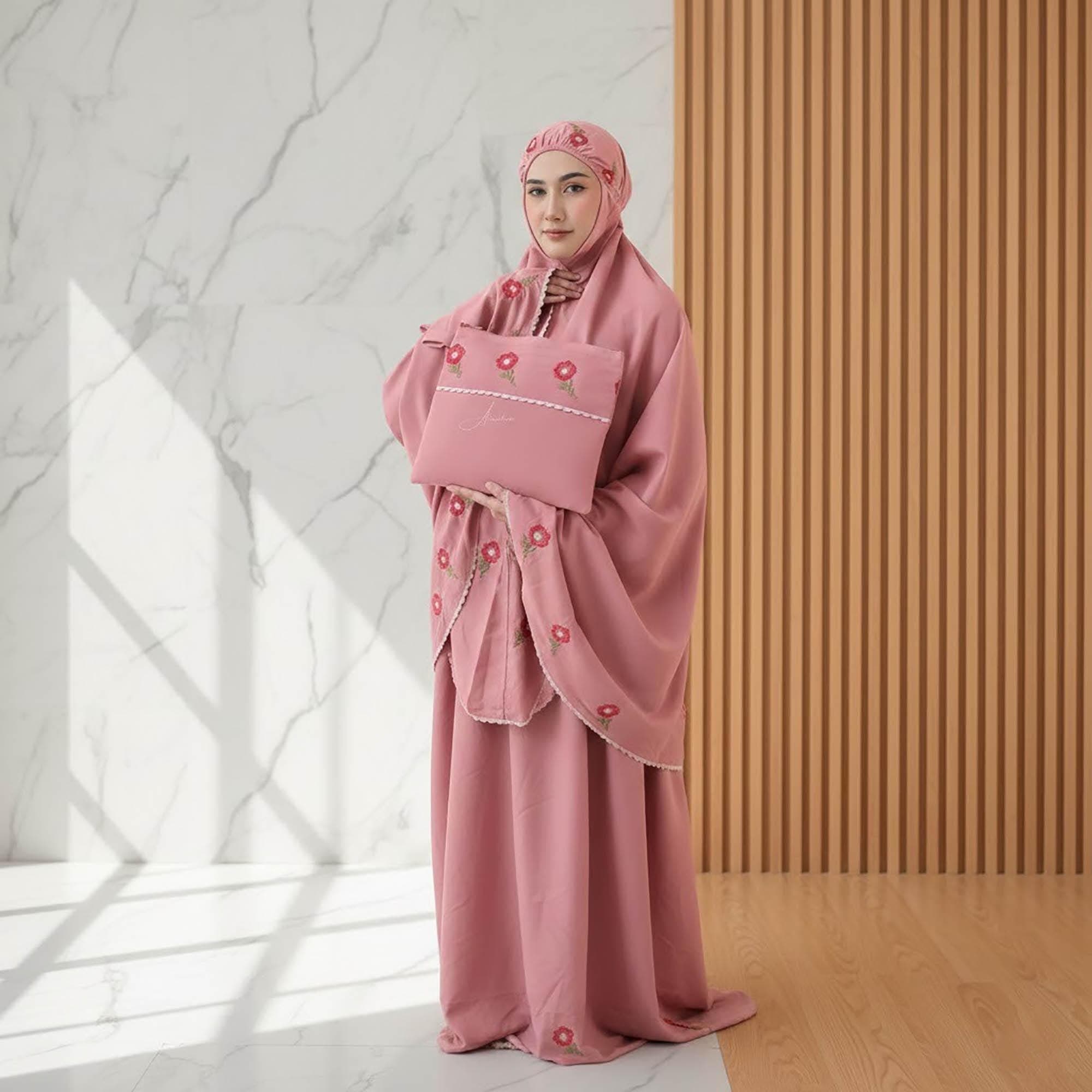 Rose Embroidered Cotton Mukena Set | Muslim Prayer Abaya with Tote Bag