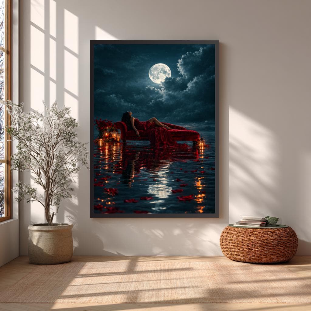 Moody bedroom wall decor featuring woman on red chaise beneath a dramatic moonlit sky.