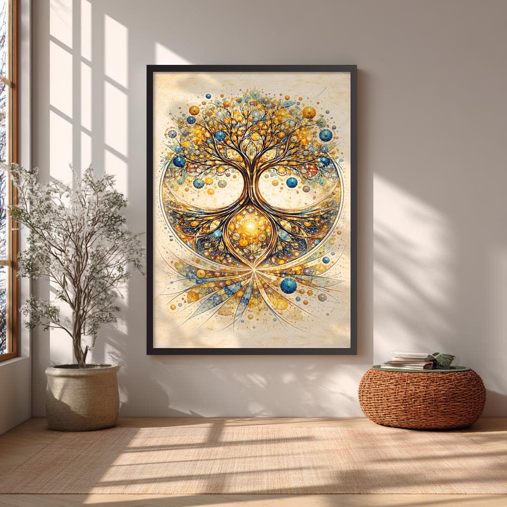 Tree of life wall art with sacred geometry and golden spiritual energy