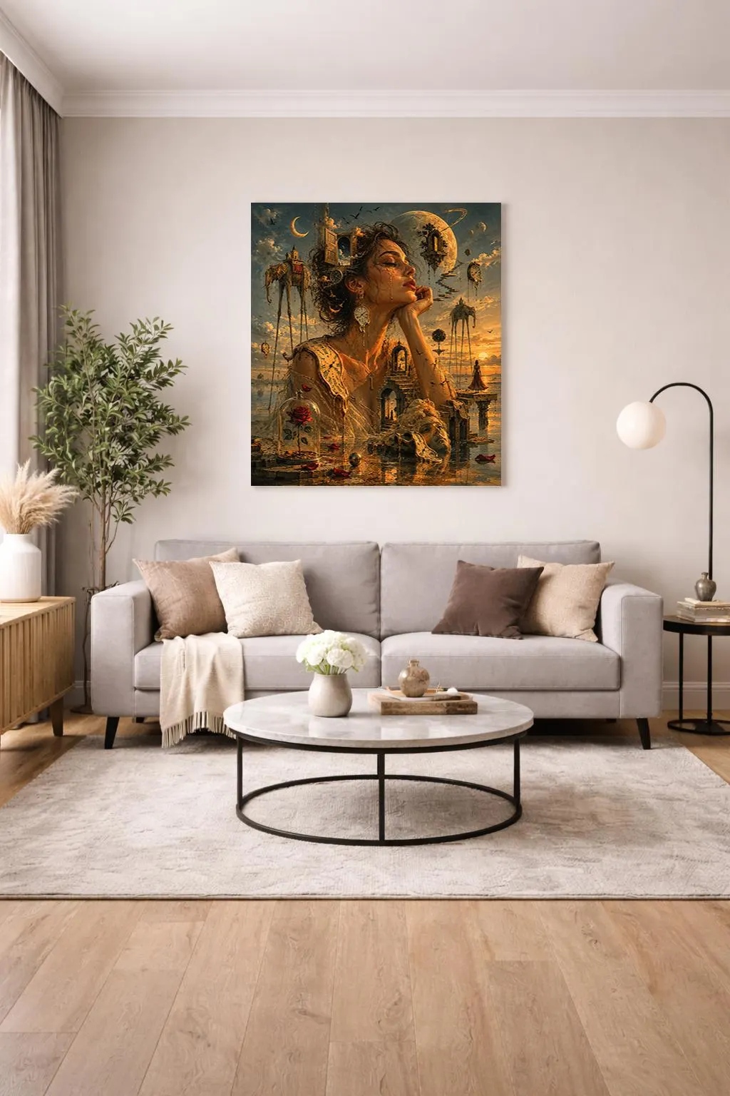 Surreal woman portrait surrounded by melting clocks and dreamlike architecture.
