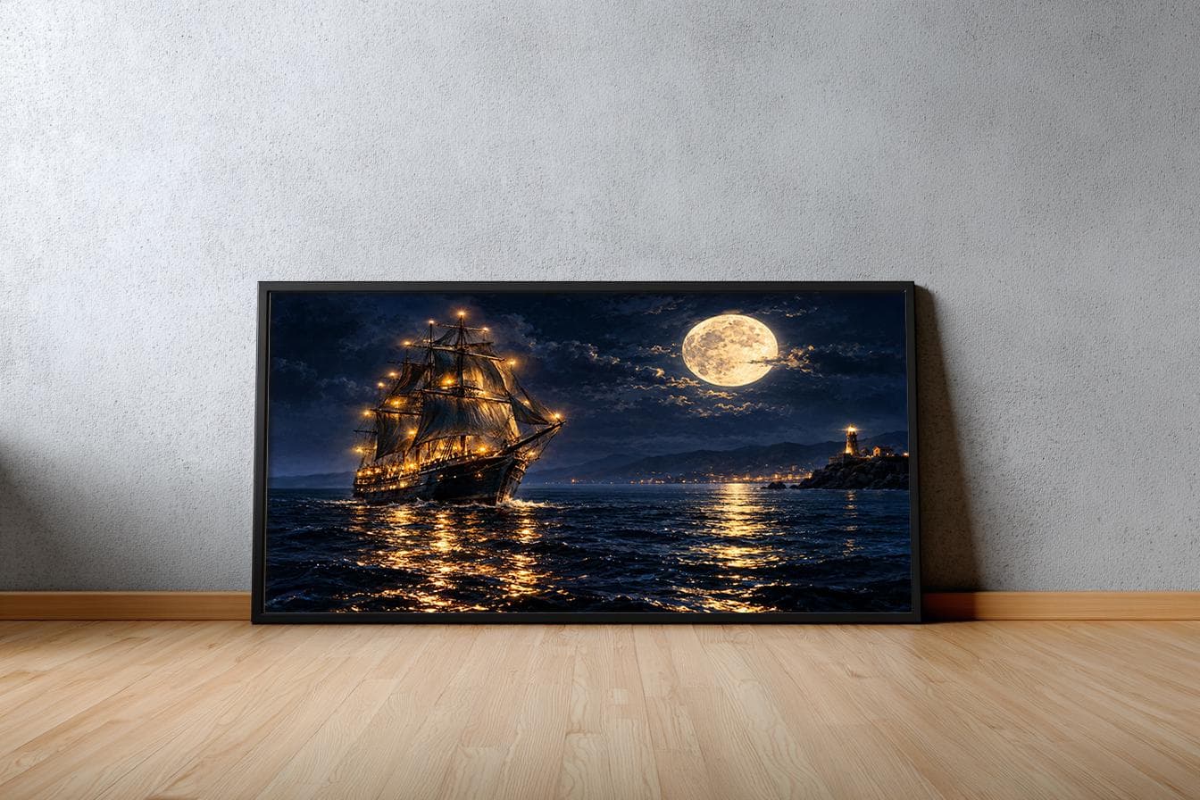 Sailing Ship Framed Wall Art, Moonlit Ocean Artwork, Coastal Lighthouse Night Print
