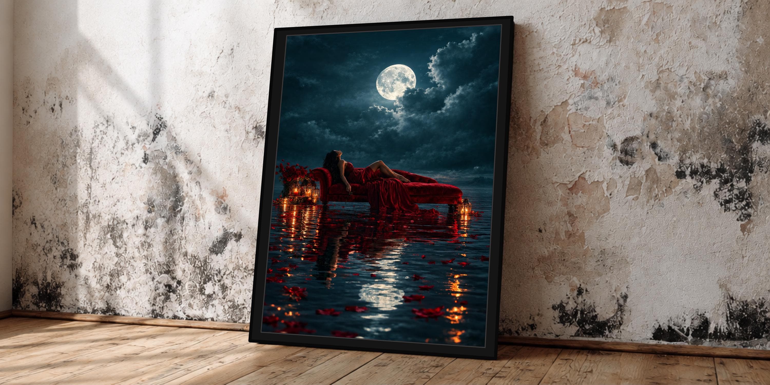 Woman in Red Dress Framed Wall Art, Full Moon Painting, Moody Dark Feminine Art