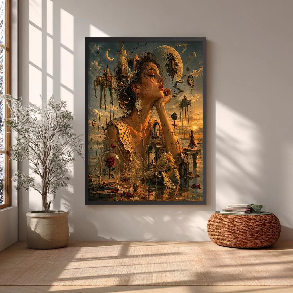 Salvador Dali Woman Clock Framed Canvas Art, Surreal Time Extra Large Wall Hanging