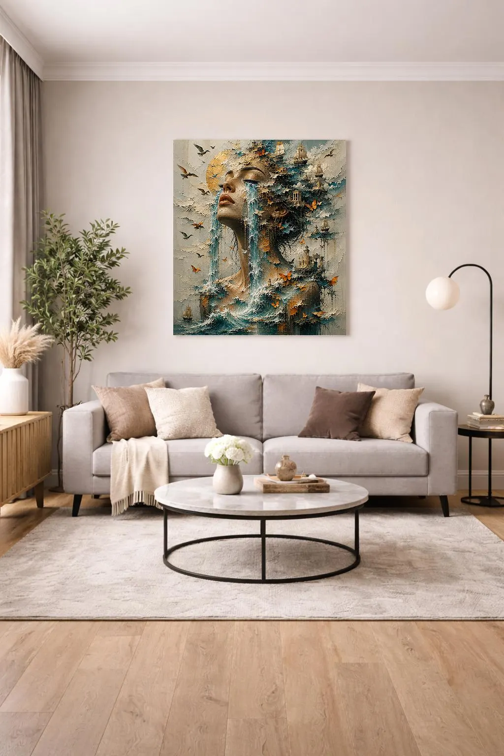 Coastal wall decor featuring a surreal woman emerging from ocean waves with dreamlike nautical imagery.