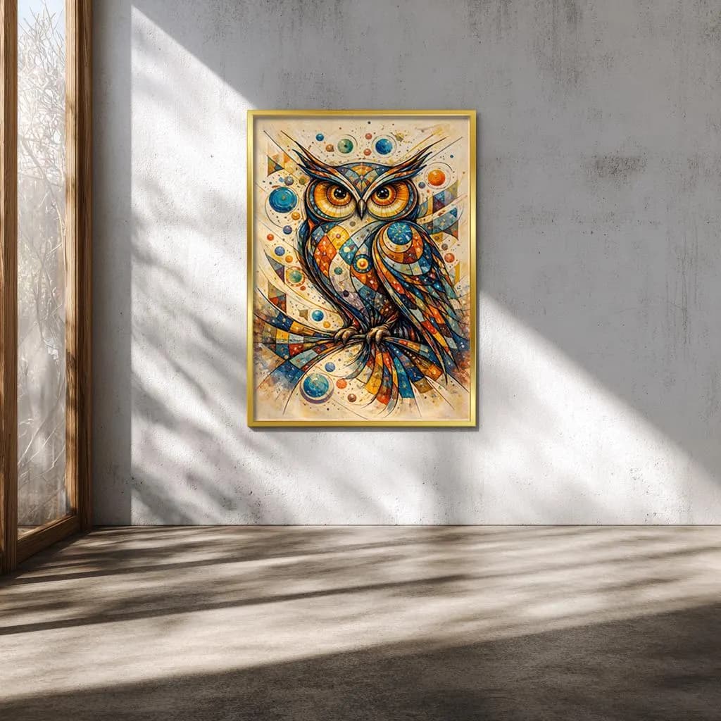 Abstract colorful owl artwork symbolizing wisdom and creativity