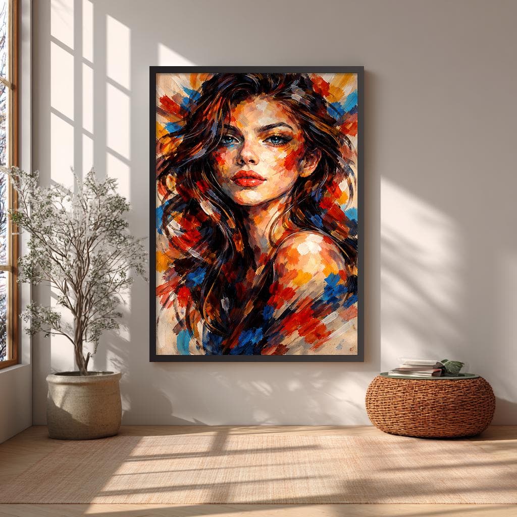abstract woman portrait art, colorful impasto portrait,
modern female wall art print, expressive abstract face,
contemporary portrait painting, luxury abstract portrait decor