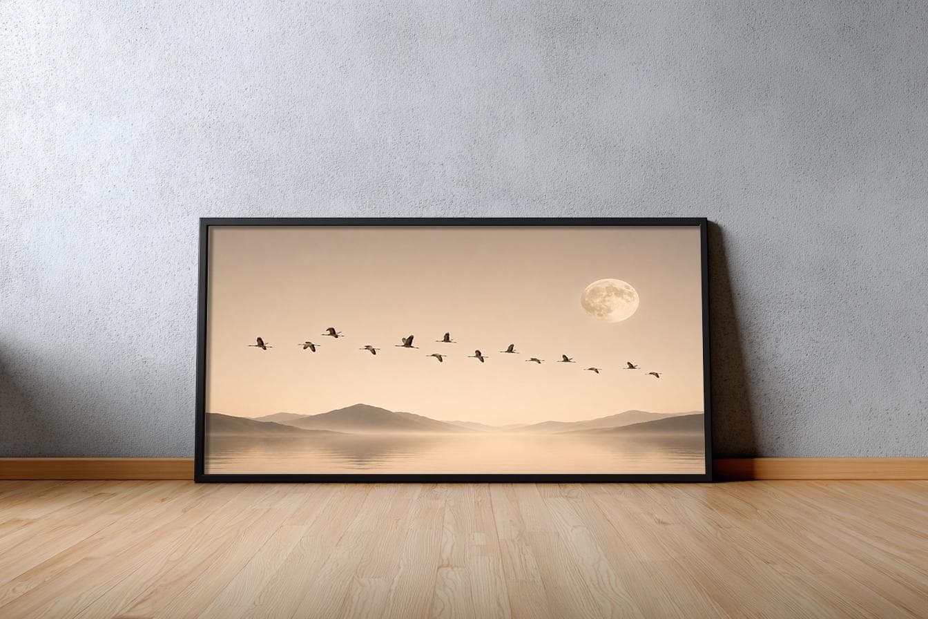 Minimalist Moon Lake Framed Wall Art, Zen Nature Crane Oversized Artwork