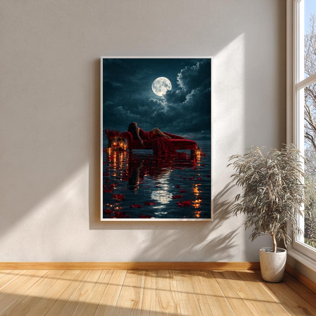 Dark feminine wall art with full moon, crimson dress, red roses and warm glowing lanterns.
