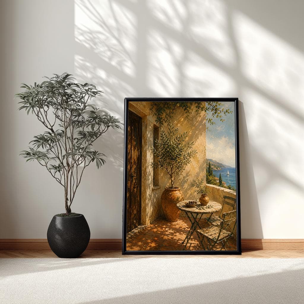 Olive Tree Terrace Framed Canvas Art, Mediterranean Coastal Extra Large Wall Art