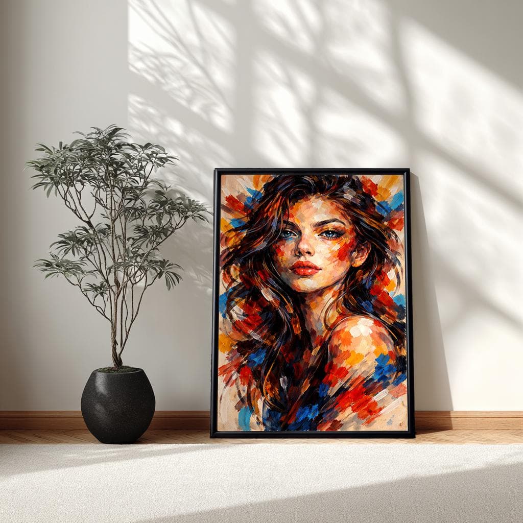 Abstract Woman Portrait Framed Canvas Wall Art, Modern Impasto Female Large Wall Decor