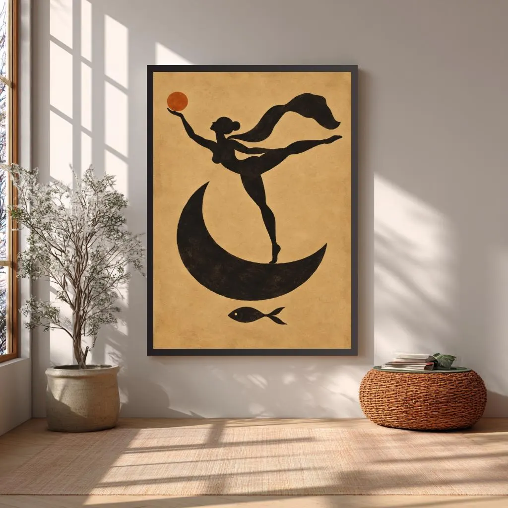 Moon goddess canvas with woman holding an orange sun against a warm textured beige background.