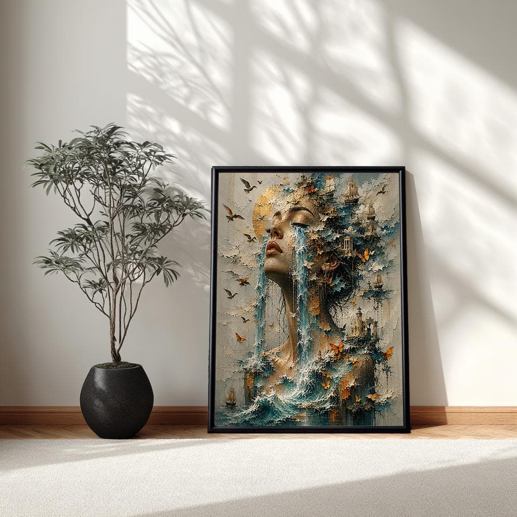 Surreal Ocean Woman Framed Wall Art, Nautical Fantasy Portrait Oversized Wall Hanging