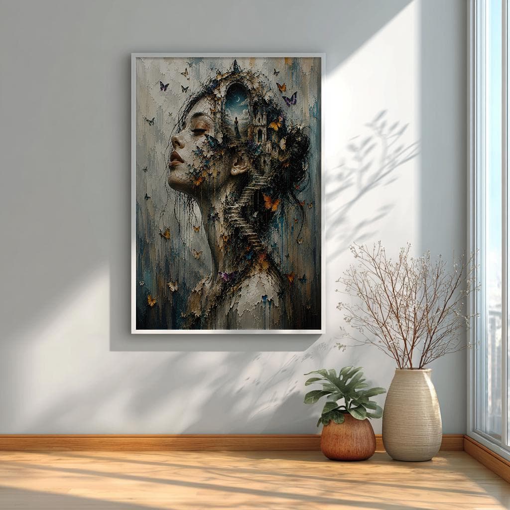 Dreamscape female portrait canvas print with butterflies, mystical stairway, celestial archway and contemporary surreal aesthetic.