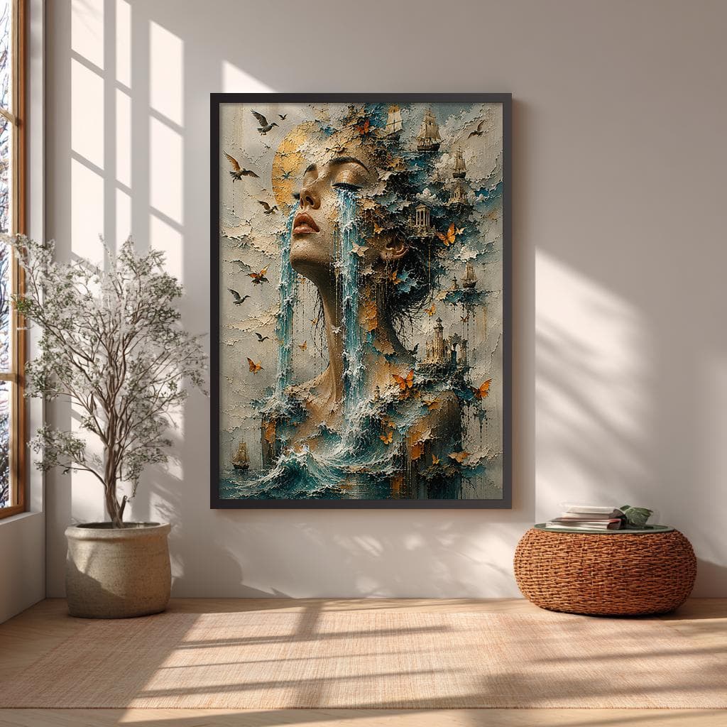 Fantasy ocean portrait artwork combining maritime scenery, sailing ships and ethereal feminine beauty.