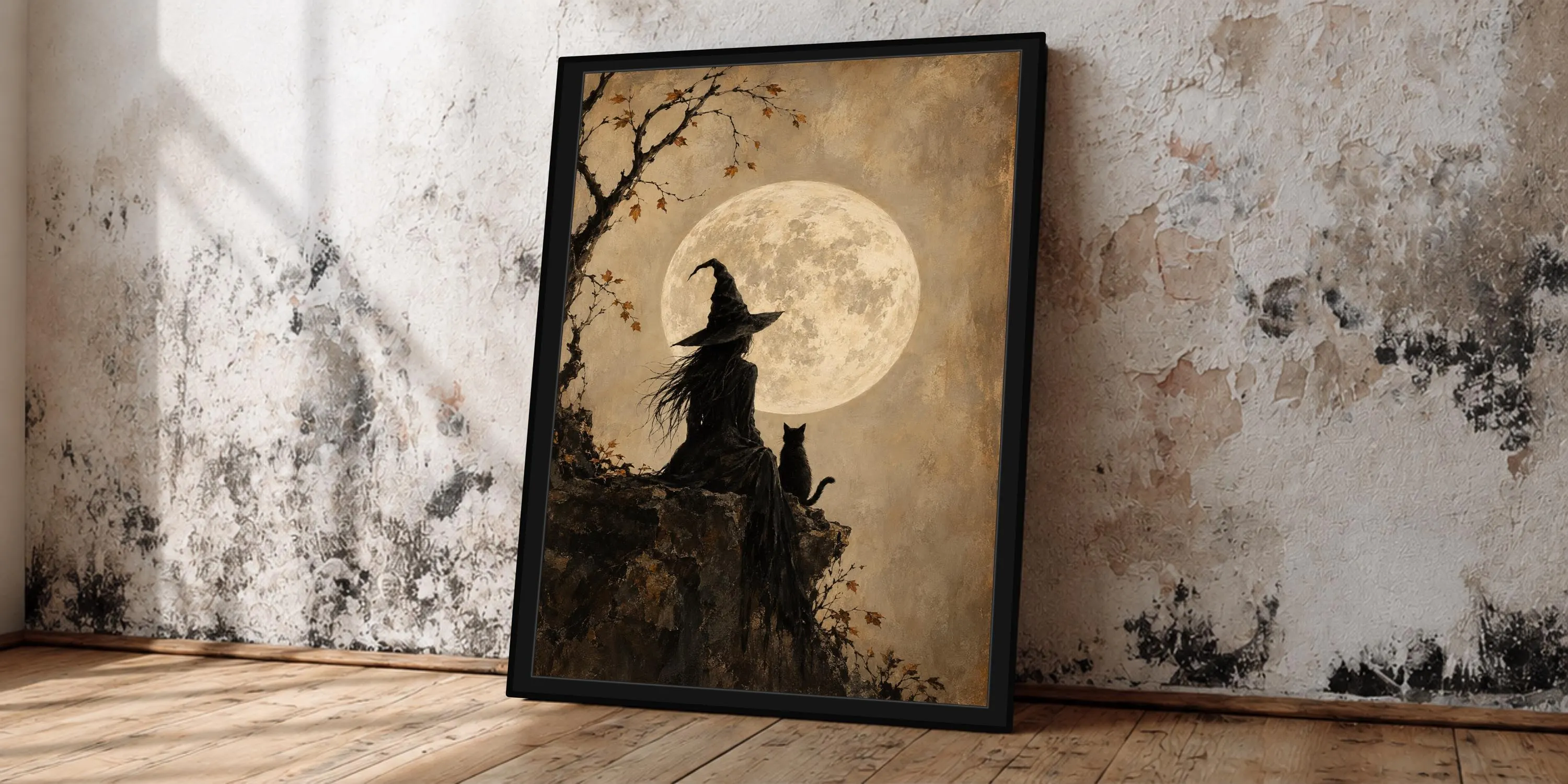 Gothic Witch Wall Art, Full Moon Framed Canvas Print, Vintage Halloween Decor