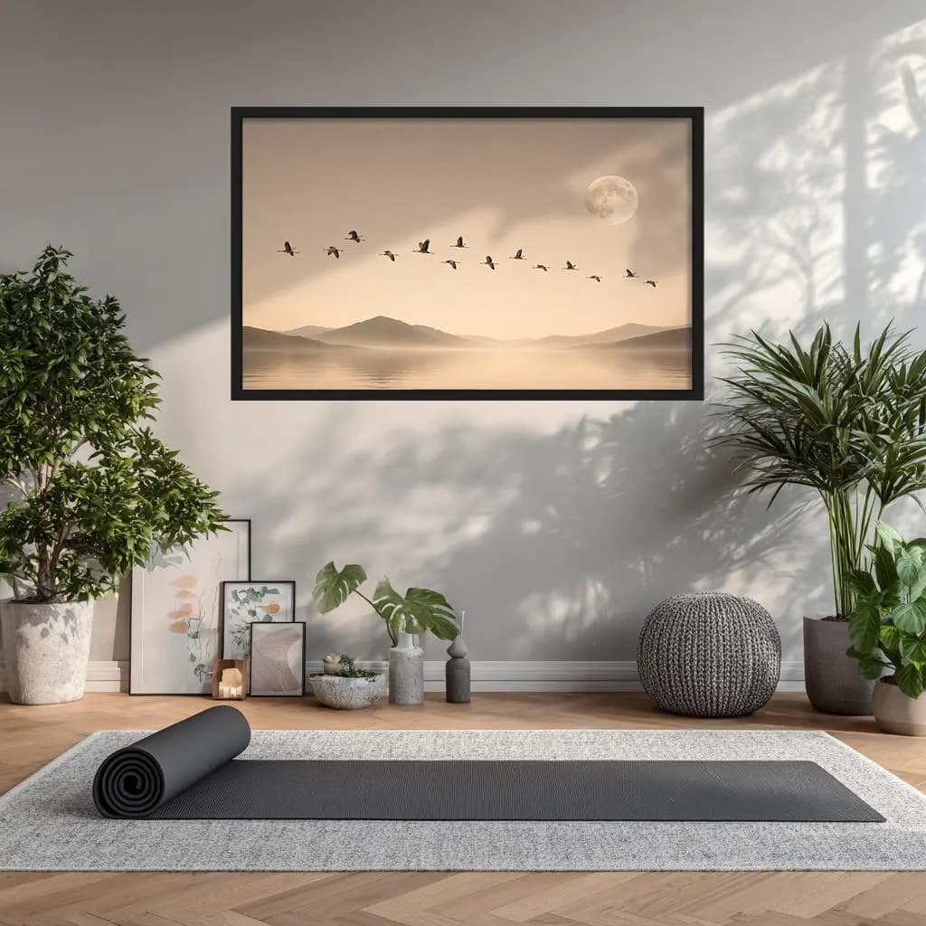 Minimalist Moon Lake Framed Wall Art, Zen Nature Crane Oversized Artwork - image 3