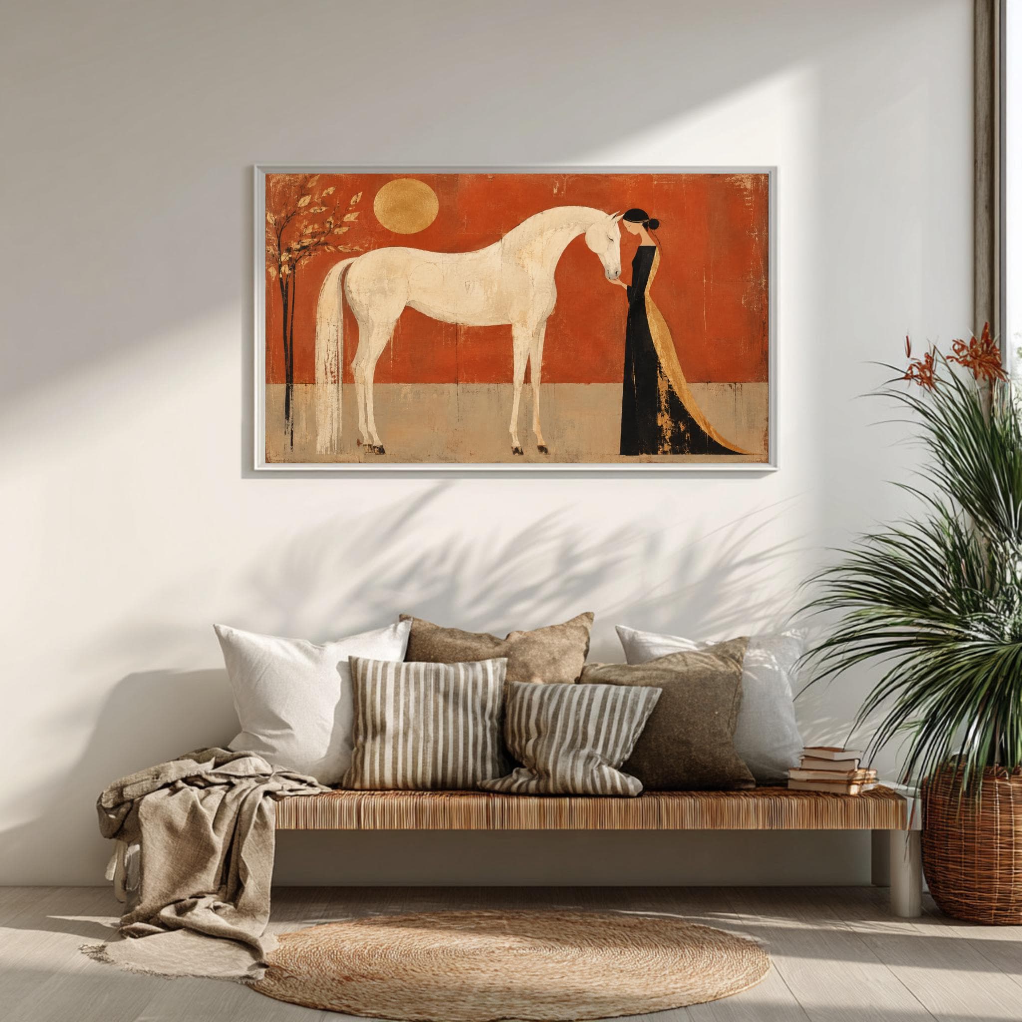 Woman and Horse Framed Wall Art, Elegant Terracotta Western Large Wall Hanging - image 4