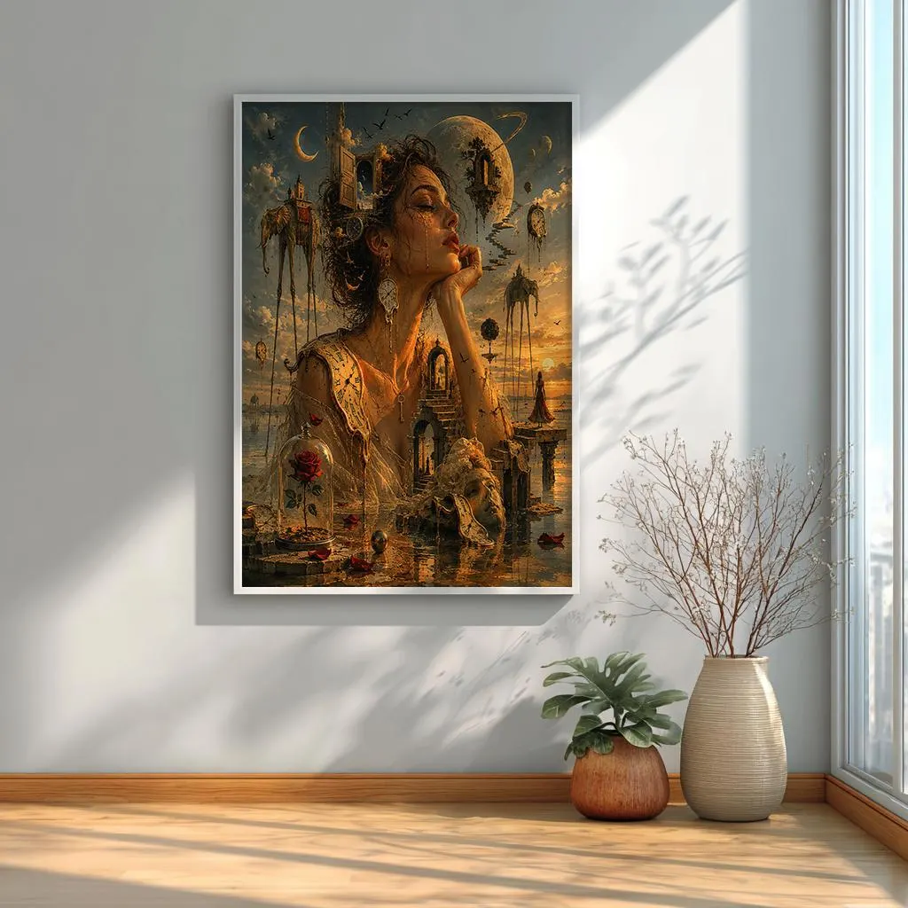 Fantasy female artwork featuring floating stairways and symbolic time elements.