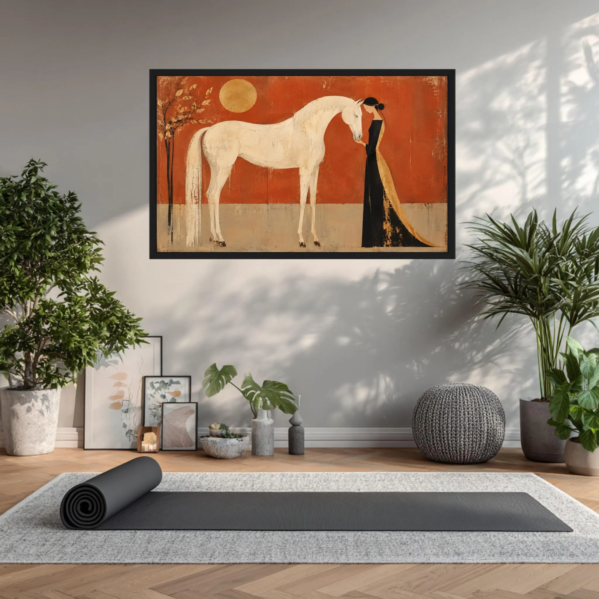 Elegant equestrian canvas featuring a woman in black gown beside a white horse.
Rustic horse artwork in burnt orange, cream, black and antique gold tones.