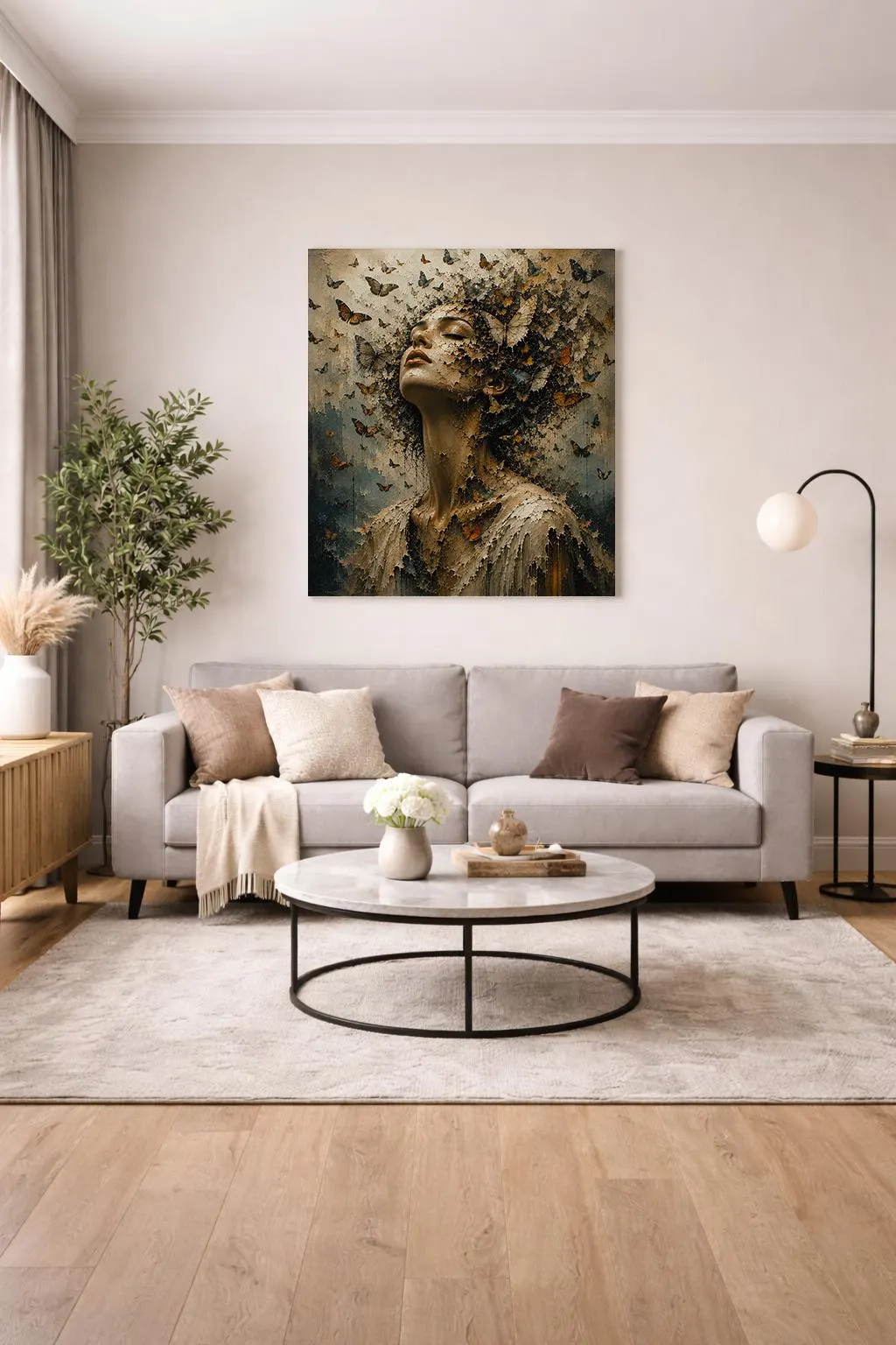 Elegant female portrait artwork featuring butterfly elements, textured details and dreamlike visual storytelling.